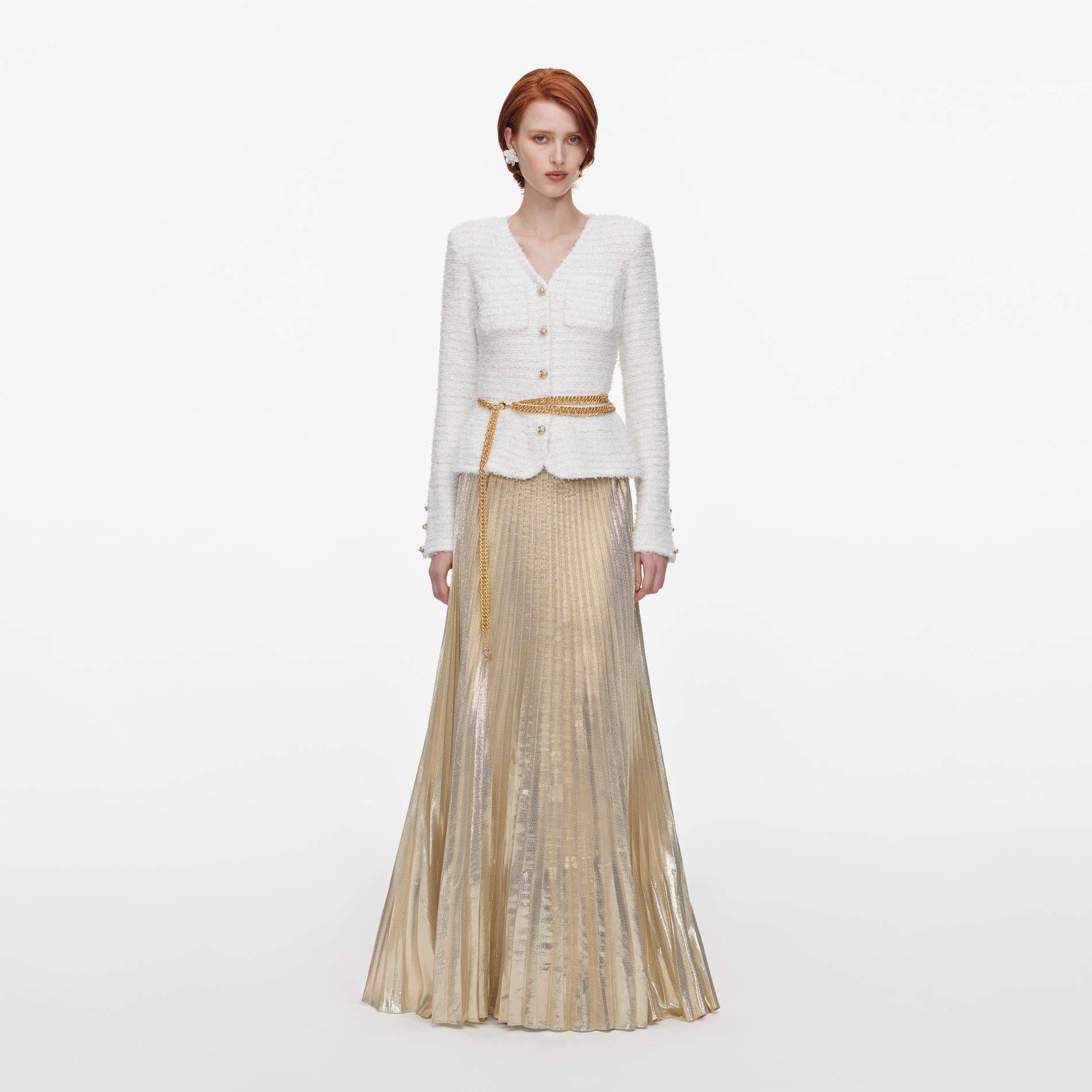 Front view of a woman wearing the Cream Textured Knit Metallic Chiffon Maxi Dress