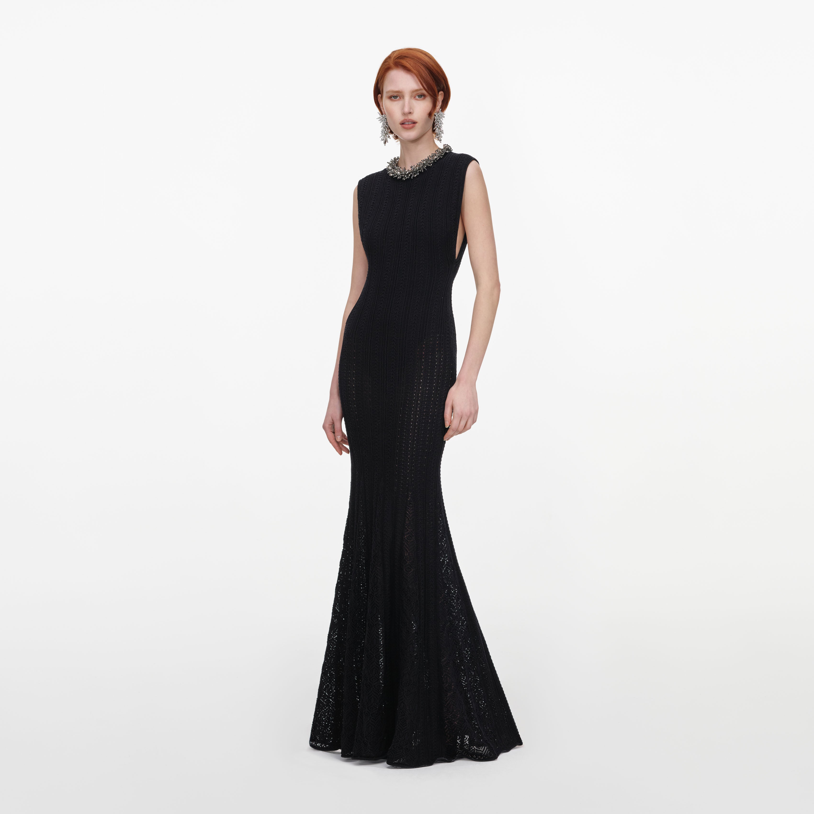 Black Beaded Pointelle Knit Maxi Dress