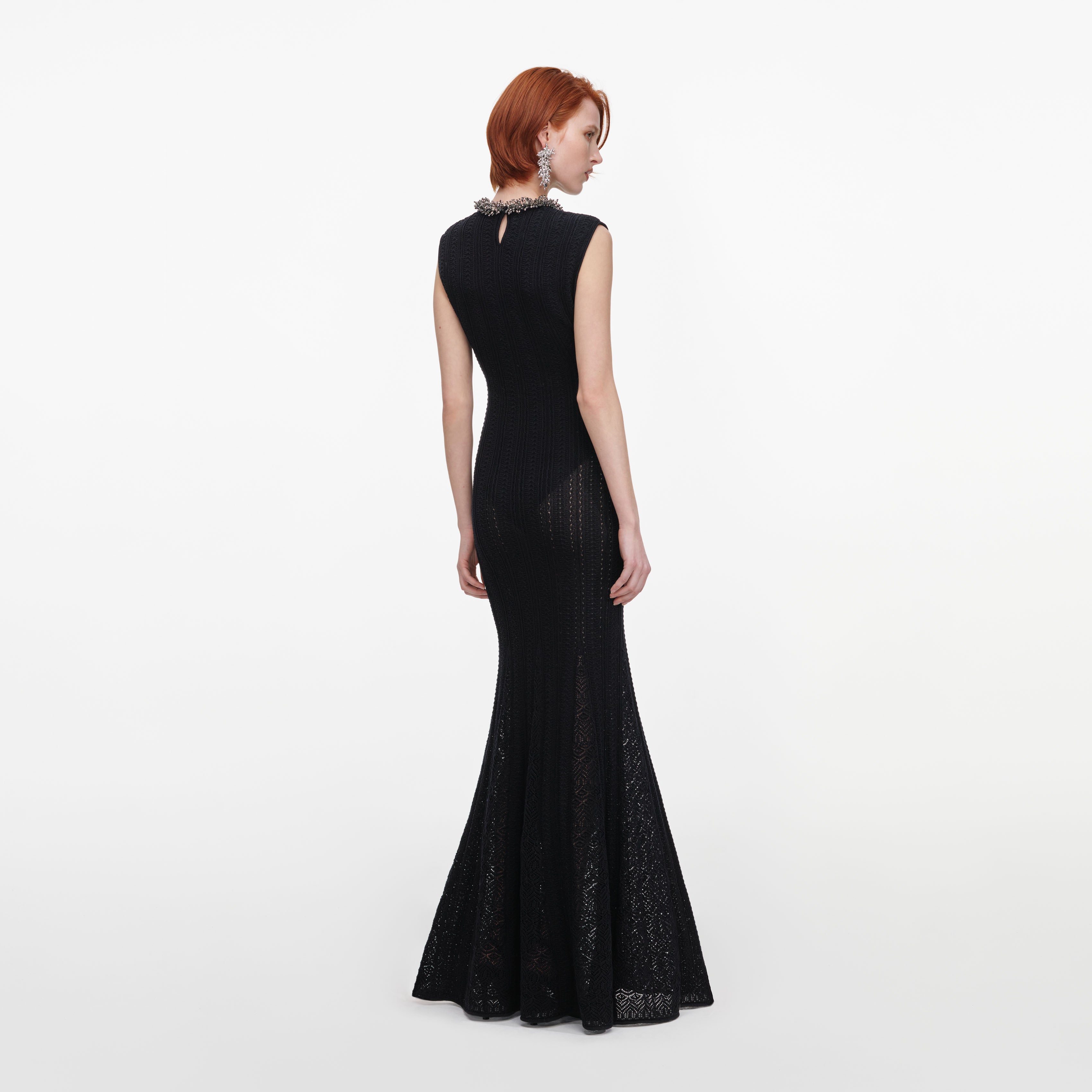 Black Beaded Pointelle Knit Maxi Dress