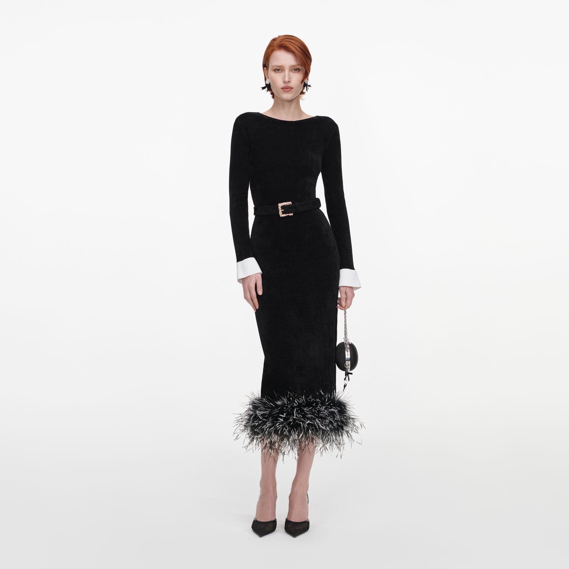 Black Chenille Knit Feather Midi Dress