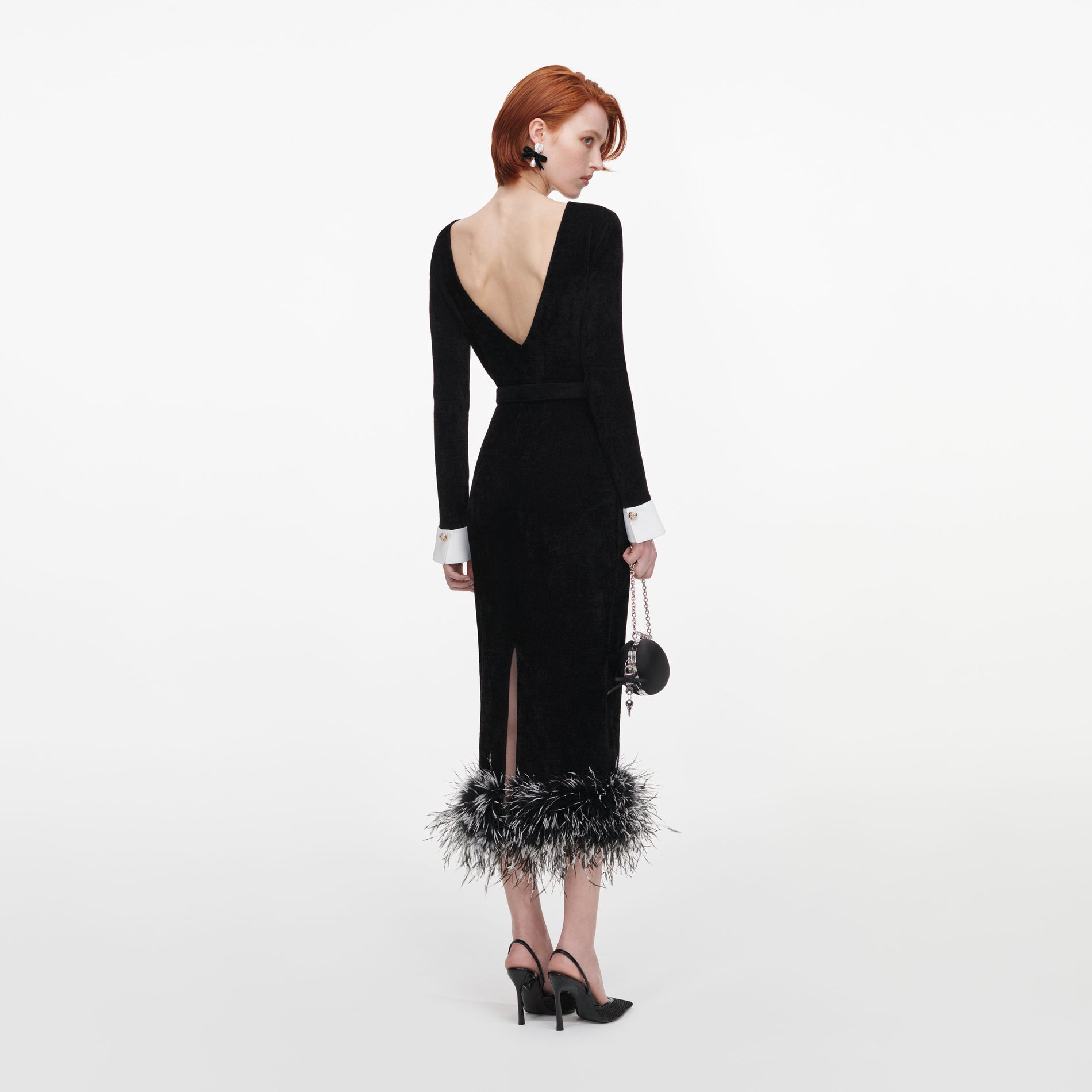 Black Chenille Knit Feather Midi Dress