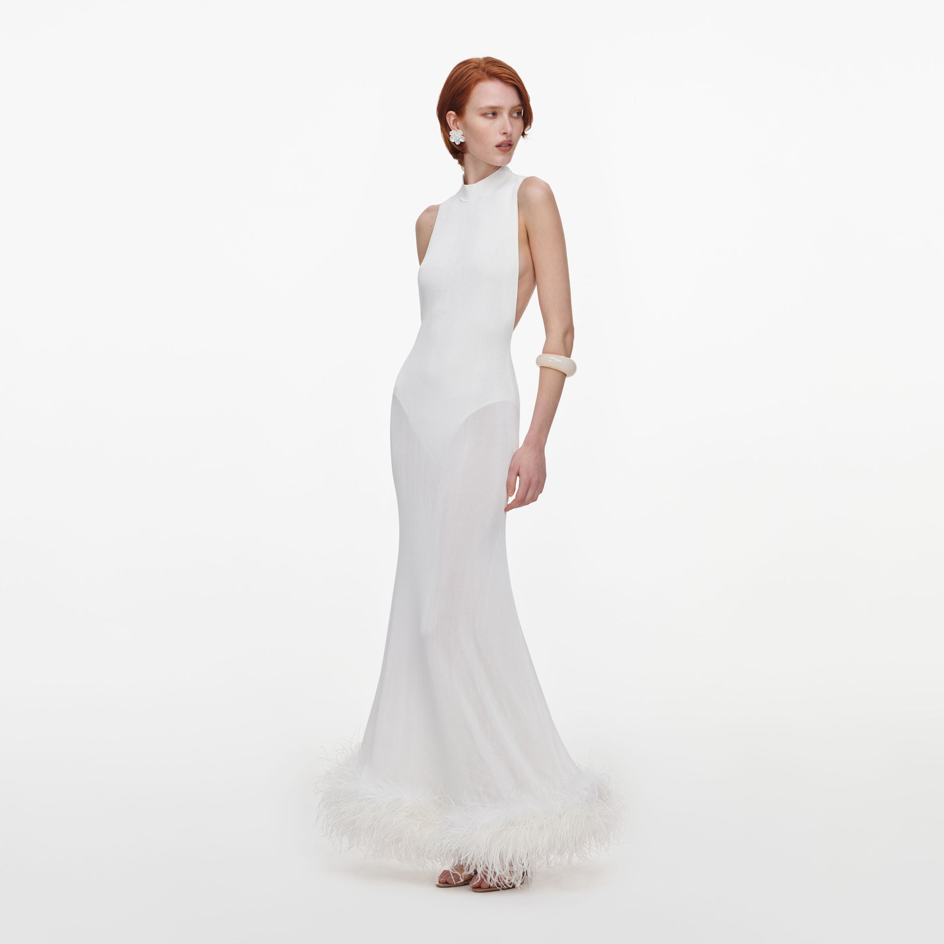 White Racer Back Feather Knit Midi Dress