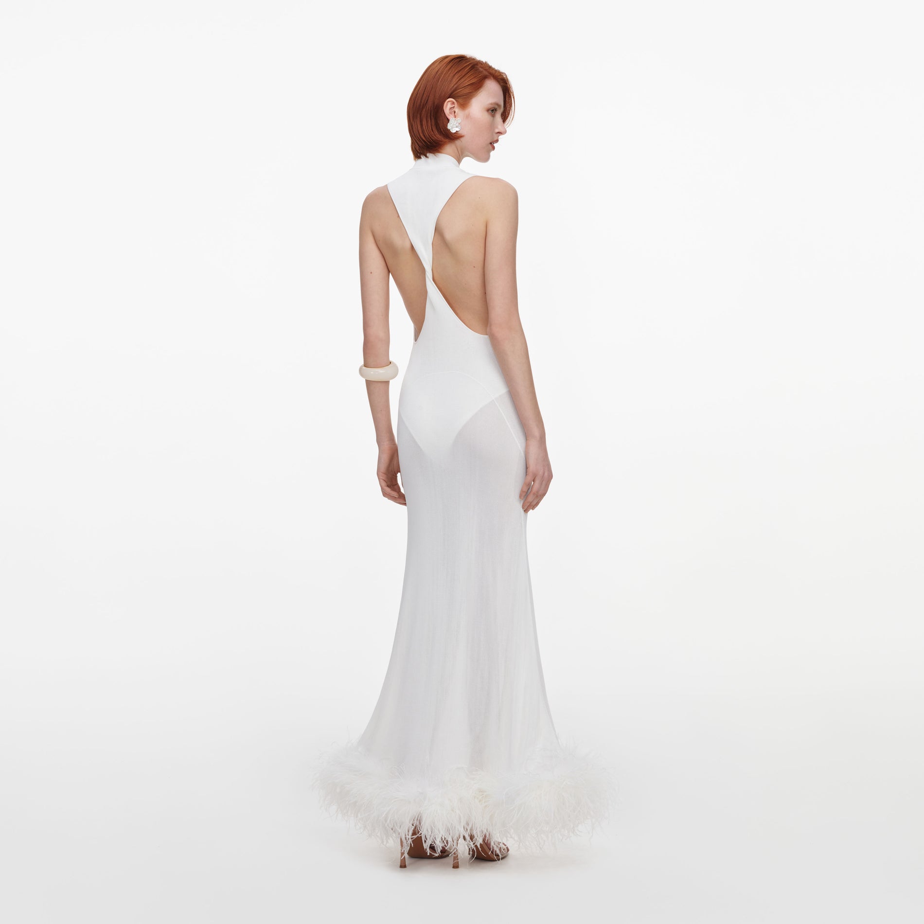 White Racer Back Feather Knit Midi Dress