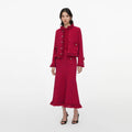 Red Frayed Knit Midi Skirt