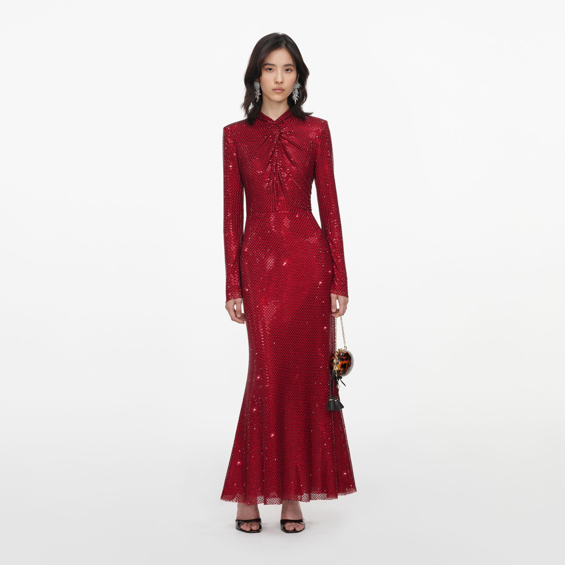 Red Rhinestone Mesh Twist Midi Dress