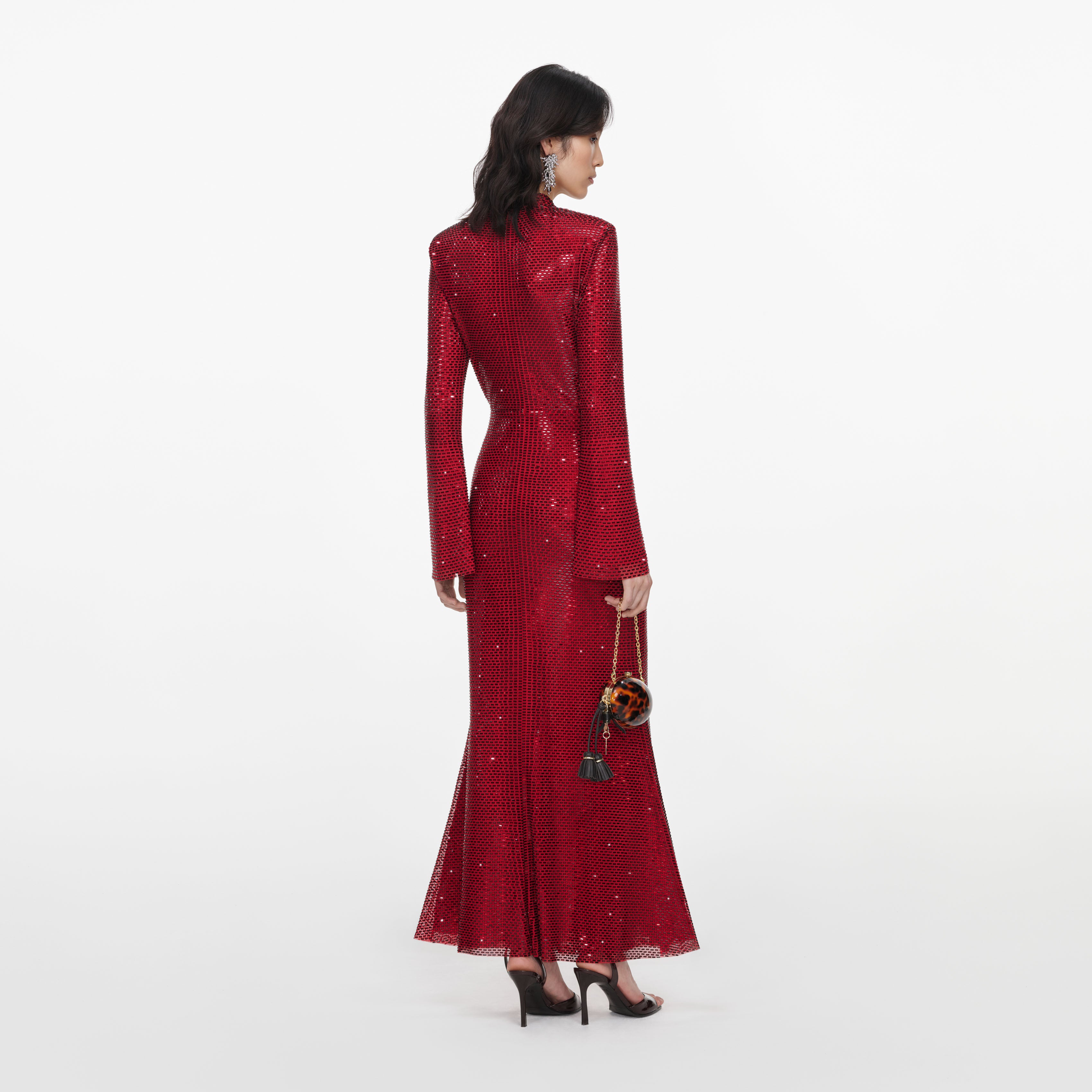 Red Rhinestone Mesh Twist Midi Dress