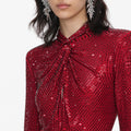 Red Rhinestone Mesh Twist Midi Dress