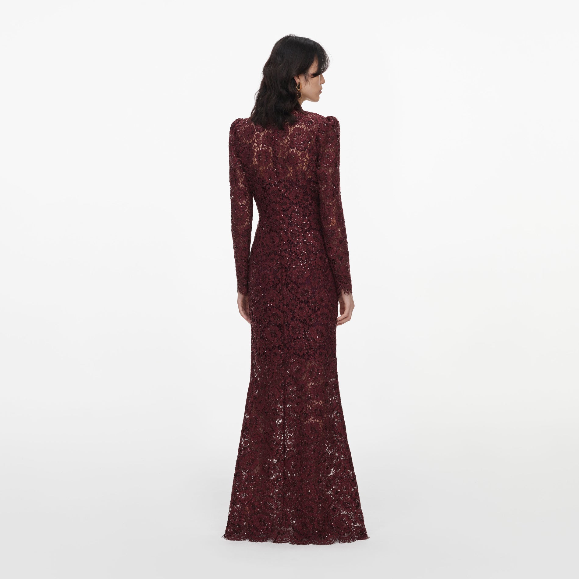 Back view of a woman wearing the Burgundy Sequin Lace Maxi Dress