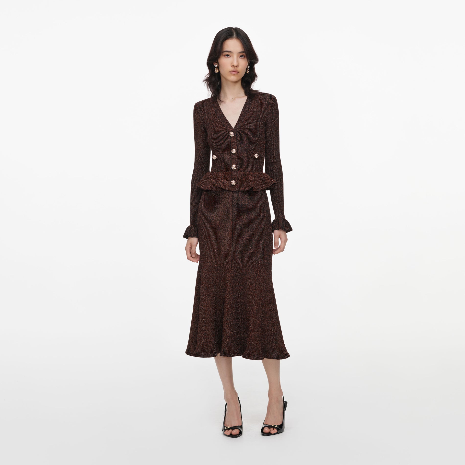 Brown Lurex Peplum Knit Midi Dress