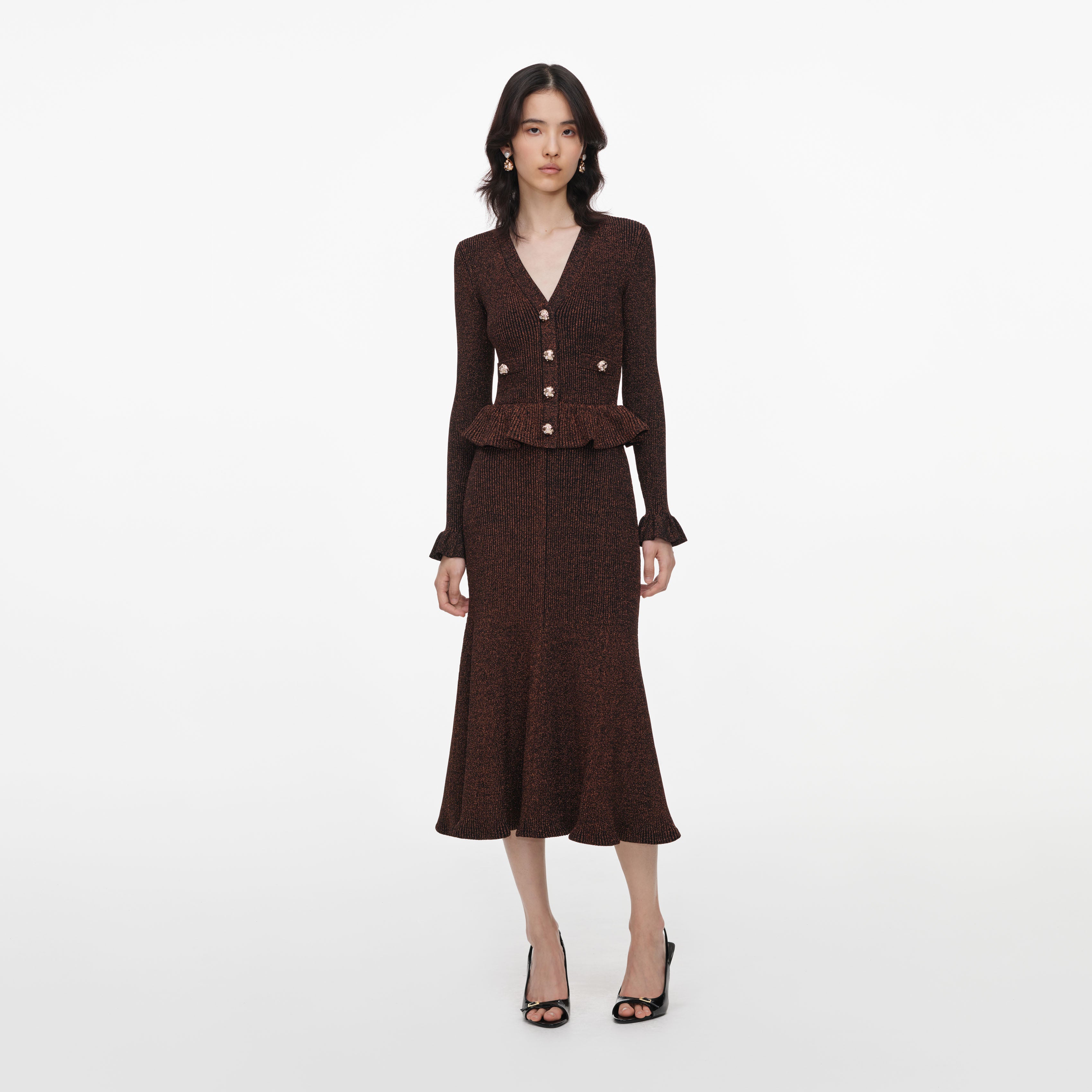 Brown Lurex Peplum Knit Midi Dress