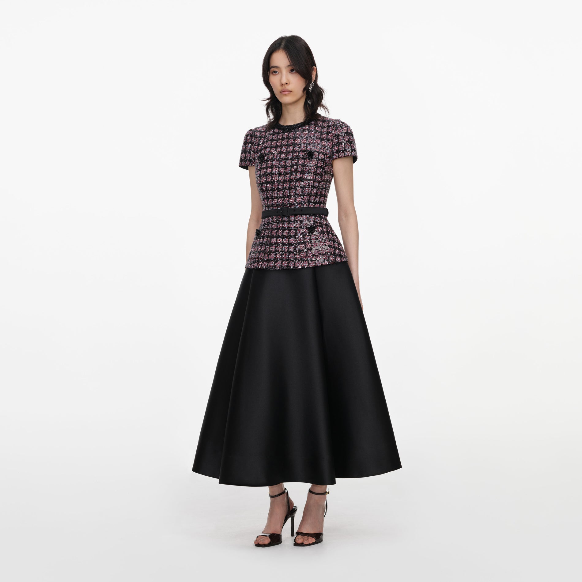 Pink and Black Sequin Boucle Midi Dress