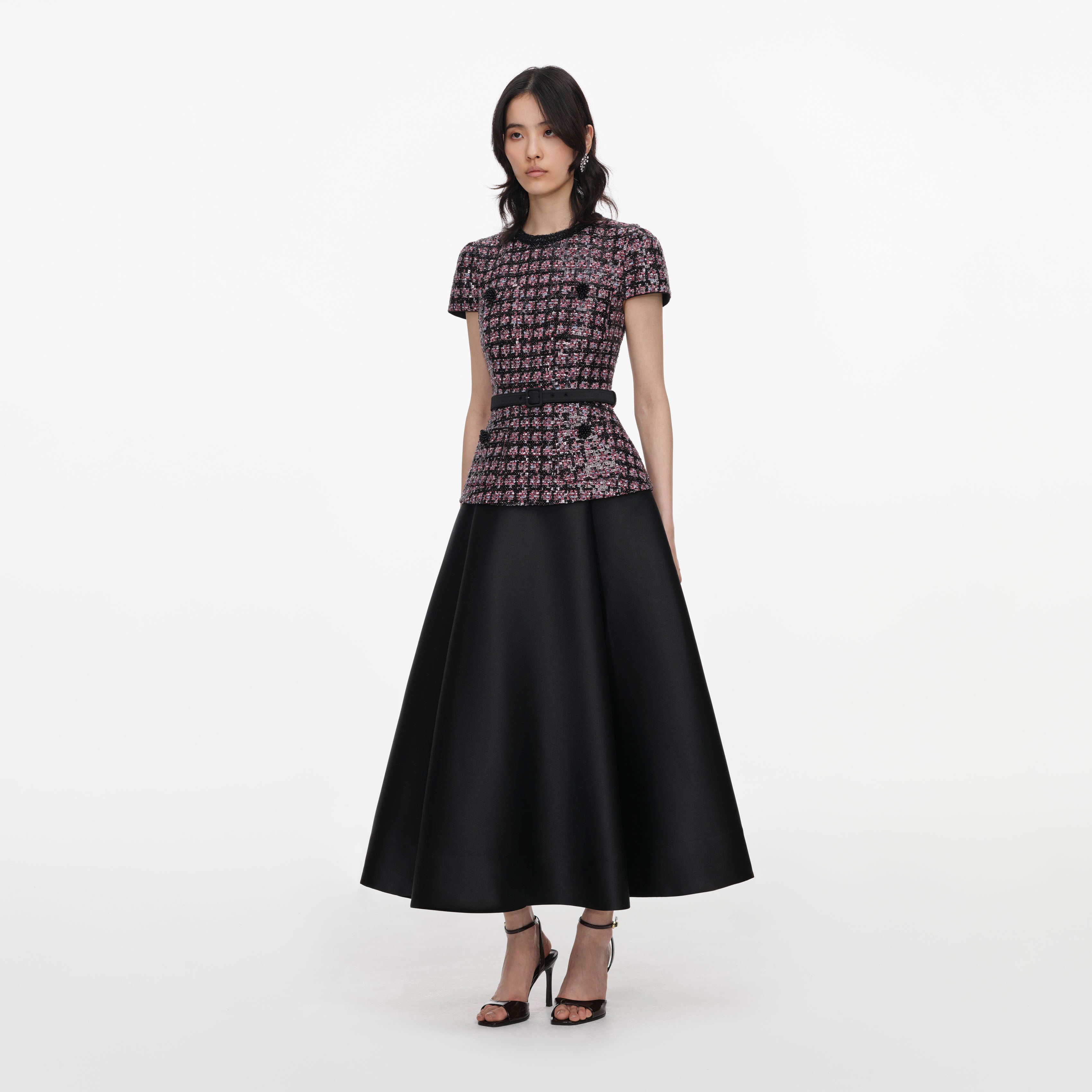 Pink and Black Sequin Boucle Midi Dress