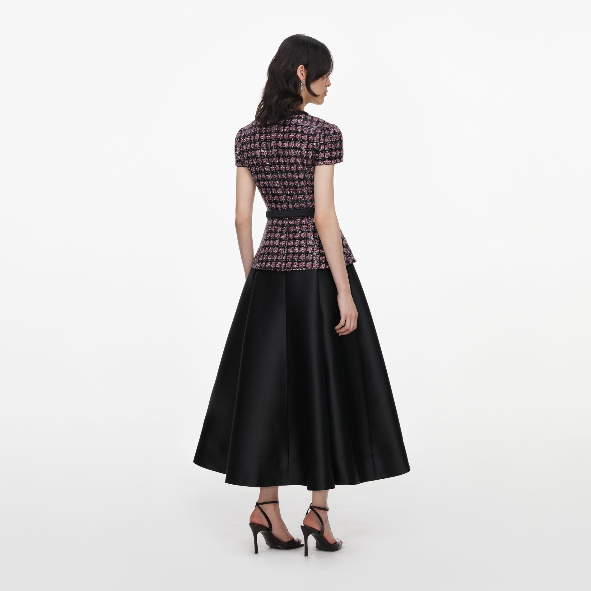 Pink and Black Sequin Boucle Midi Dress