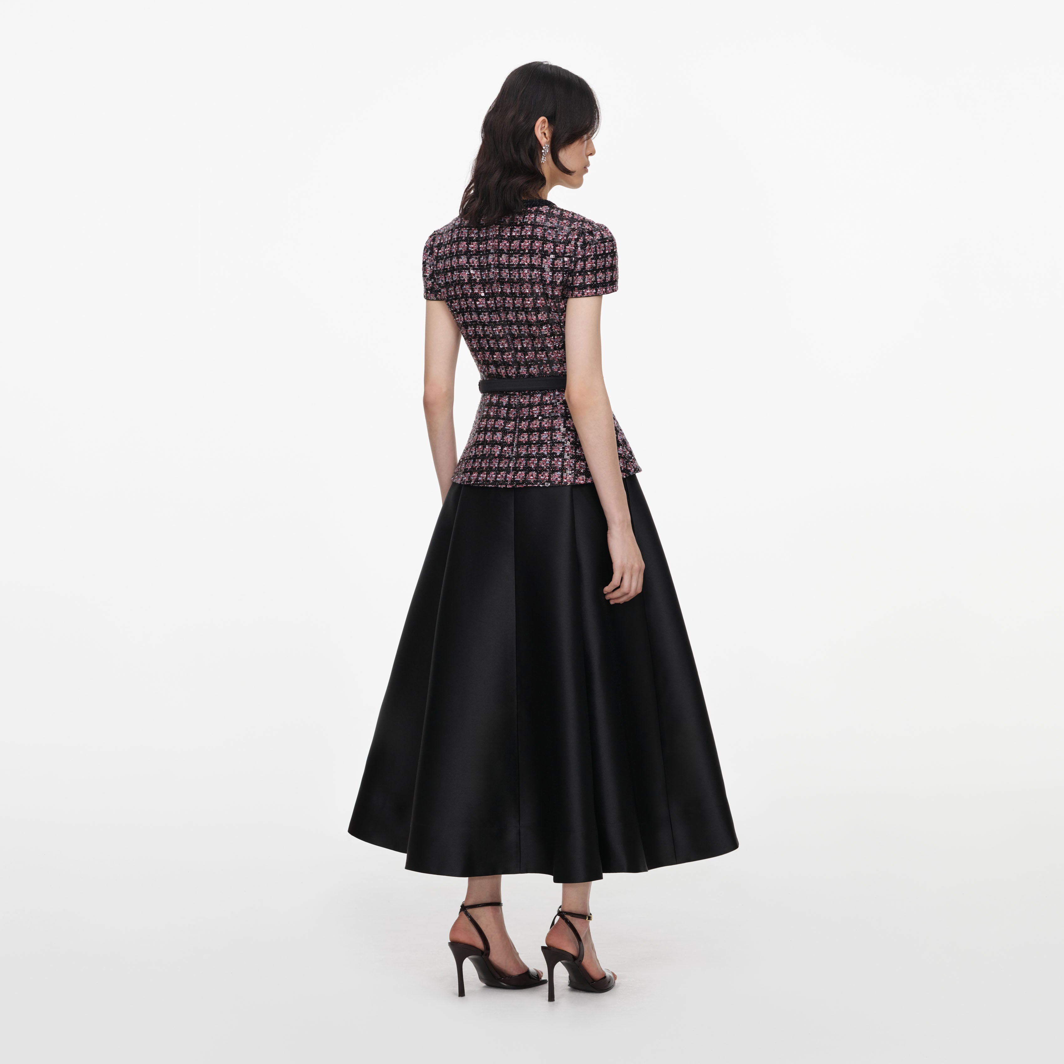 Pink and Black Sequin Boucle Midi Dress