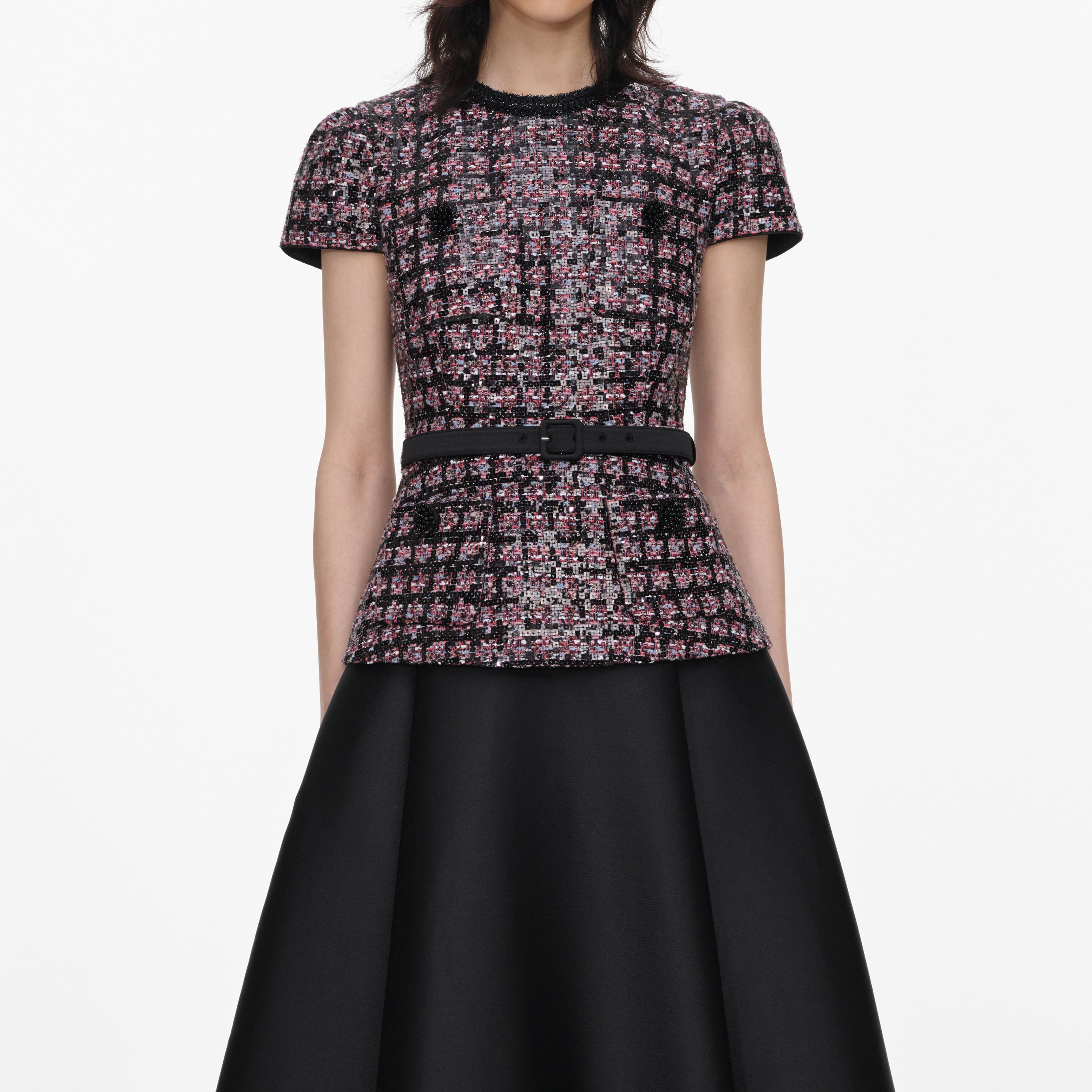 Pink and Black Sequin Boucle Midi Dress