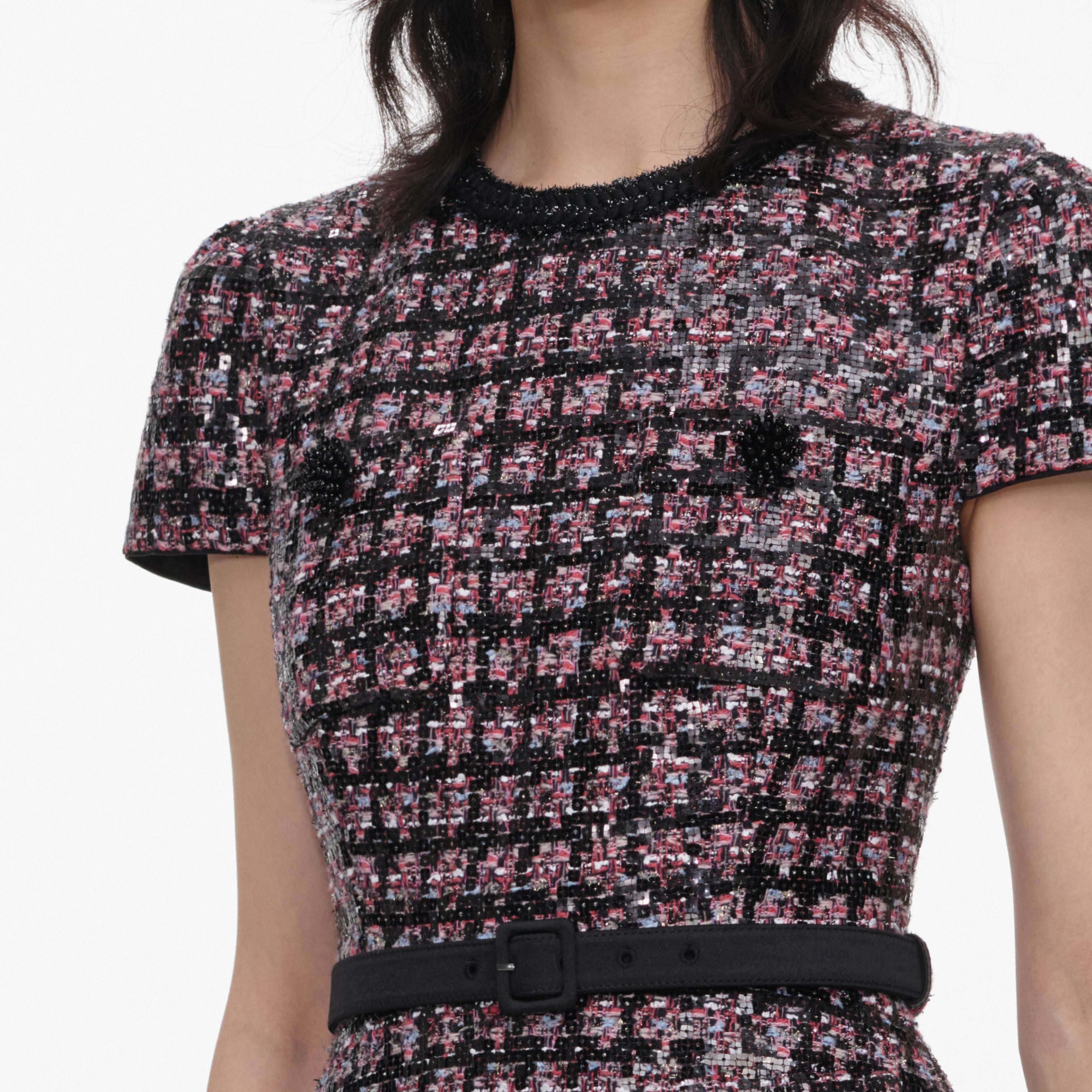 Pink and Black Sequin Boucle Midi Dress