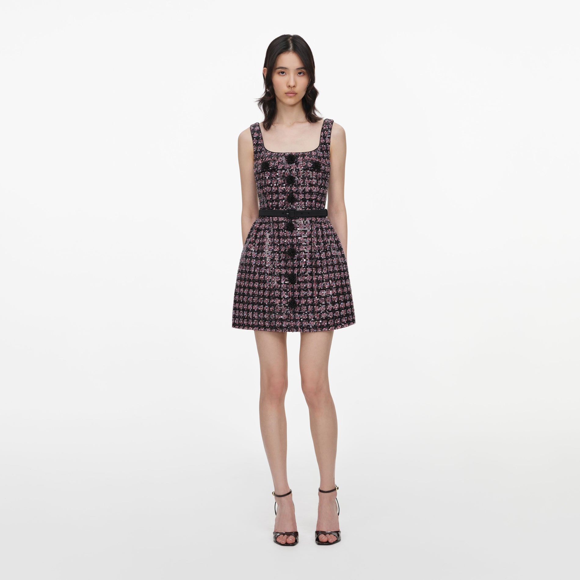 Pink and Black Sequin Boucle Sleeveless Mini Dress