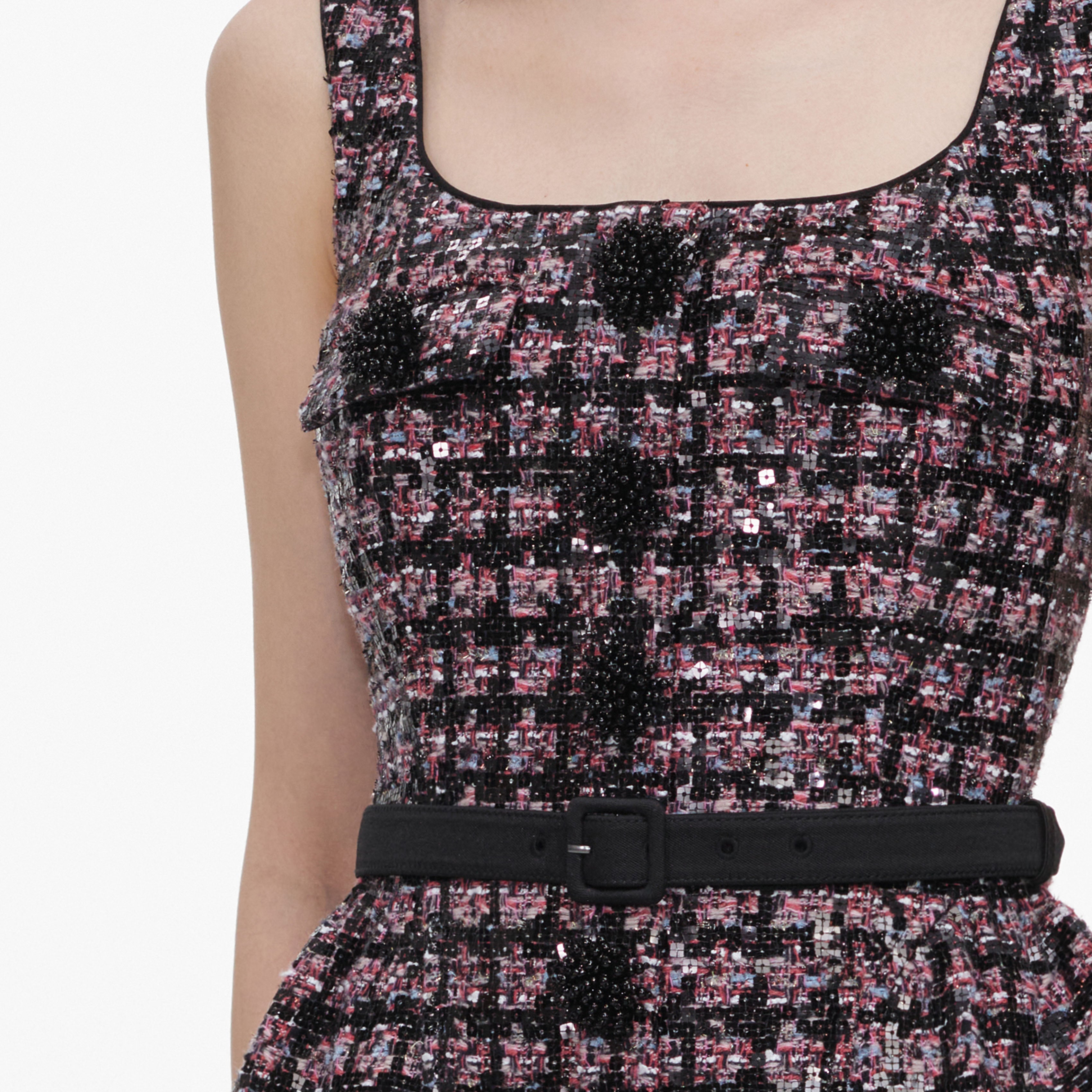Pink and Black Sequin Boucle Sleeveless Mini Dress
