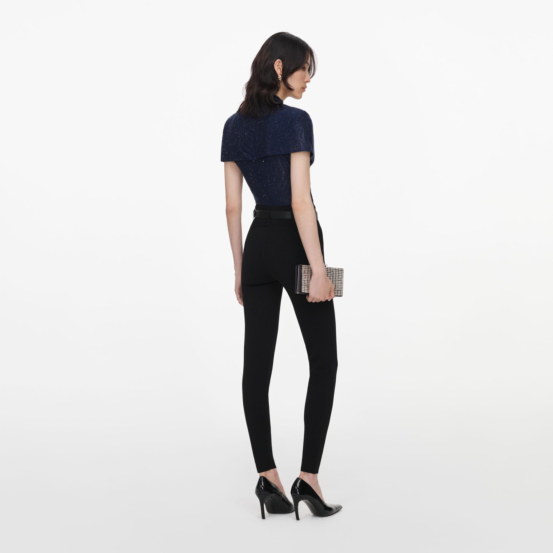 Navy Rhinestone Mesh Cut Out Top