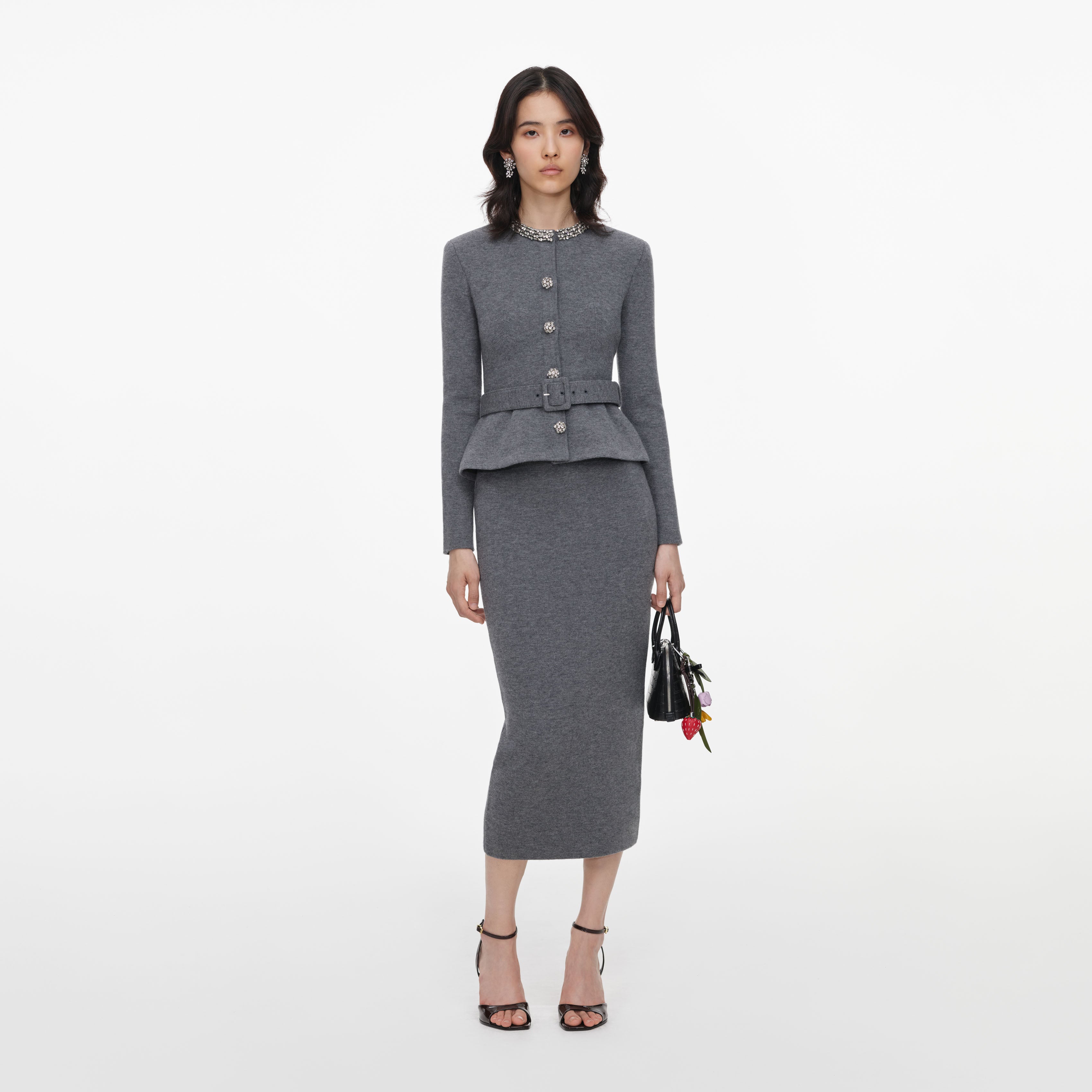 Grey Crystal Trim Knit Midi Dress