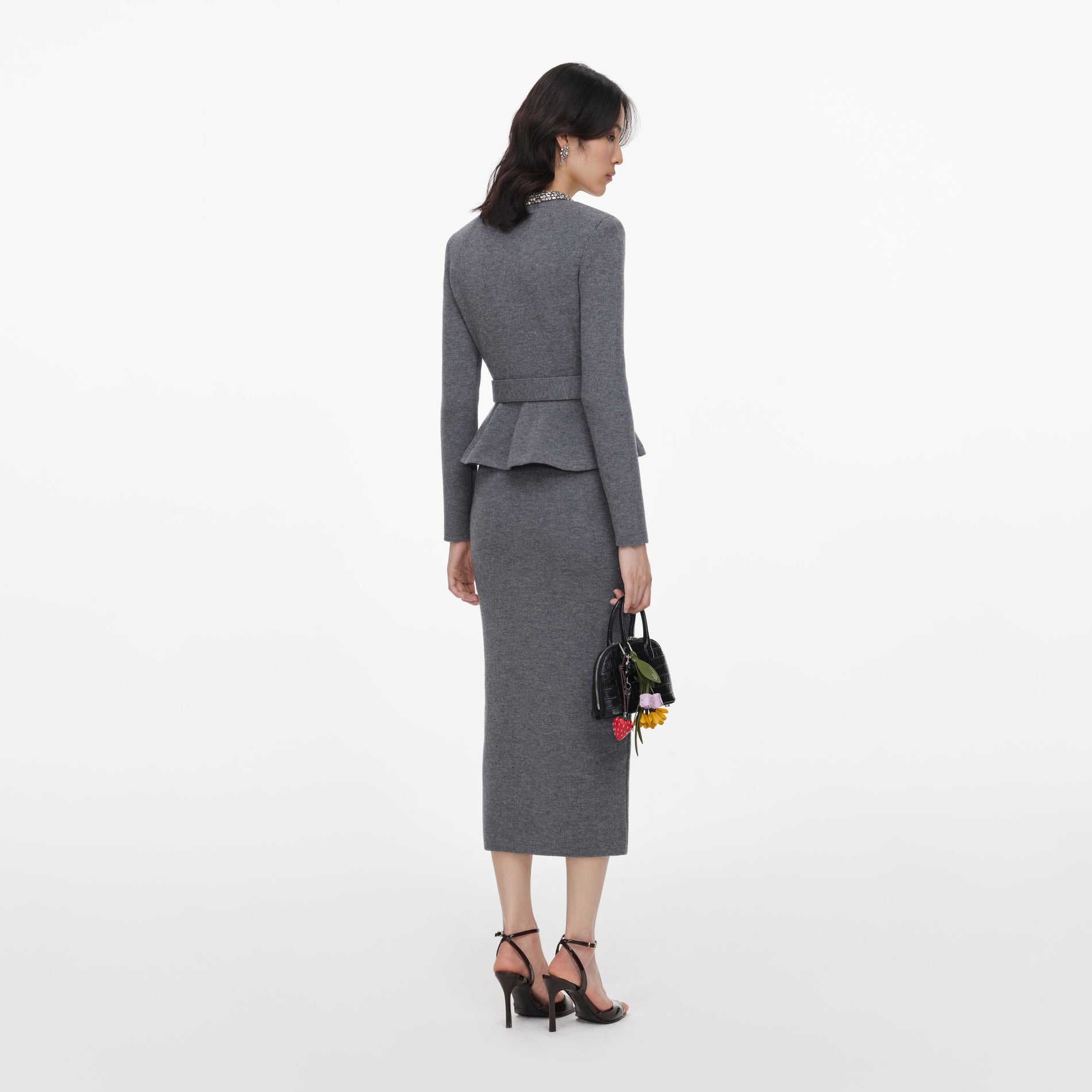 Grey Crystal Trim Knit Midi Dress