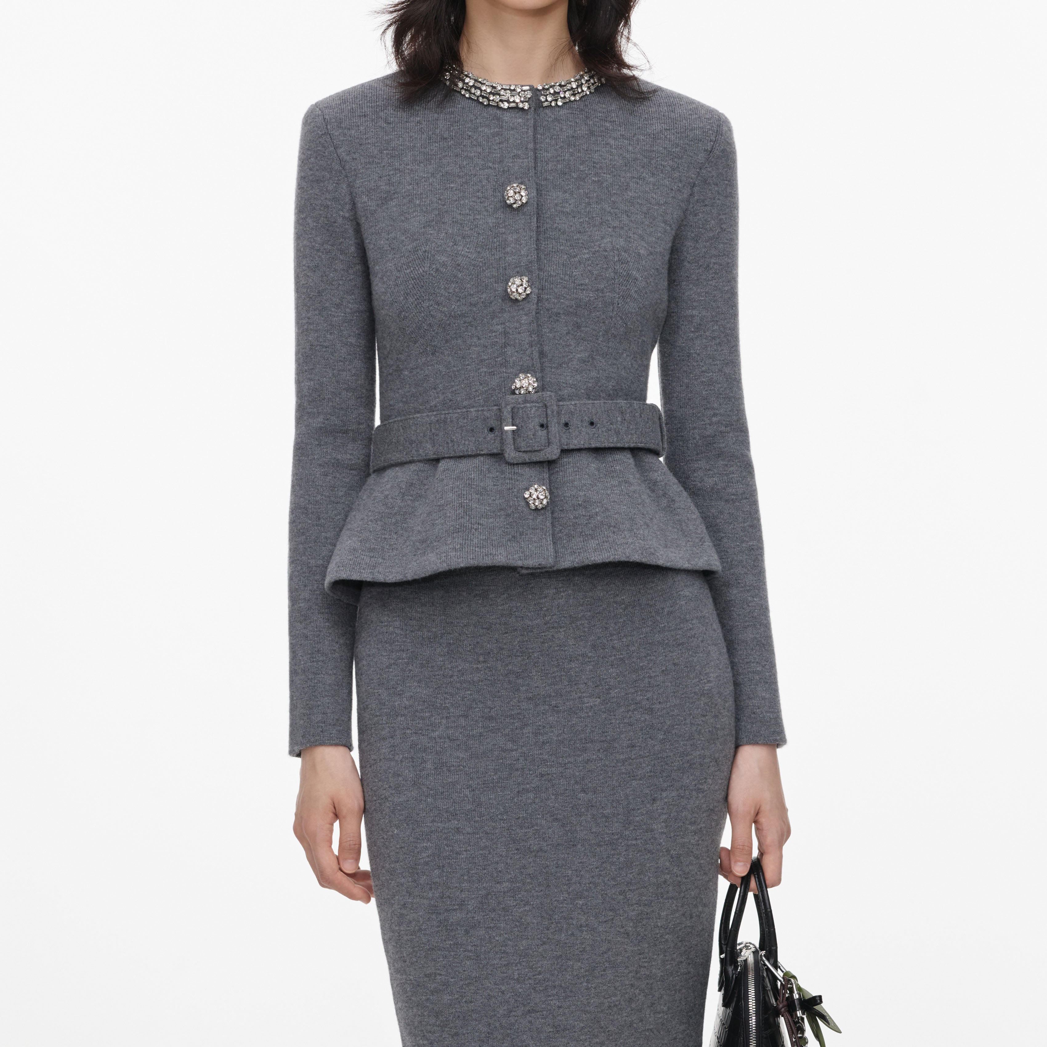 Grey Crystal Trim Knit Midi Dress