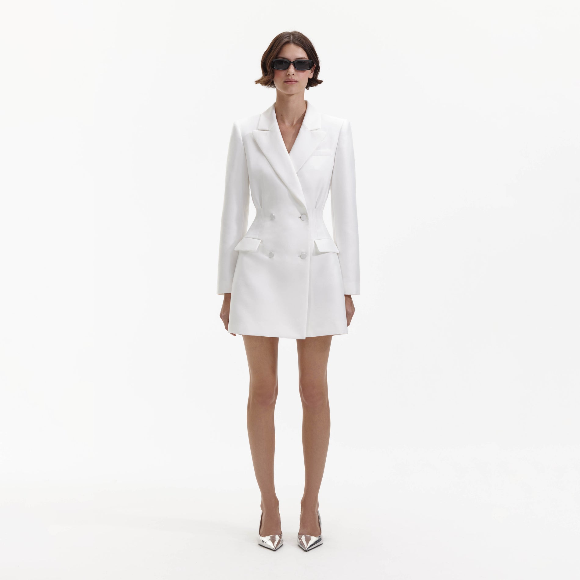 Front view of a woman wearing the White Taffeta Tailored Mini Dress