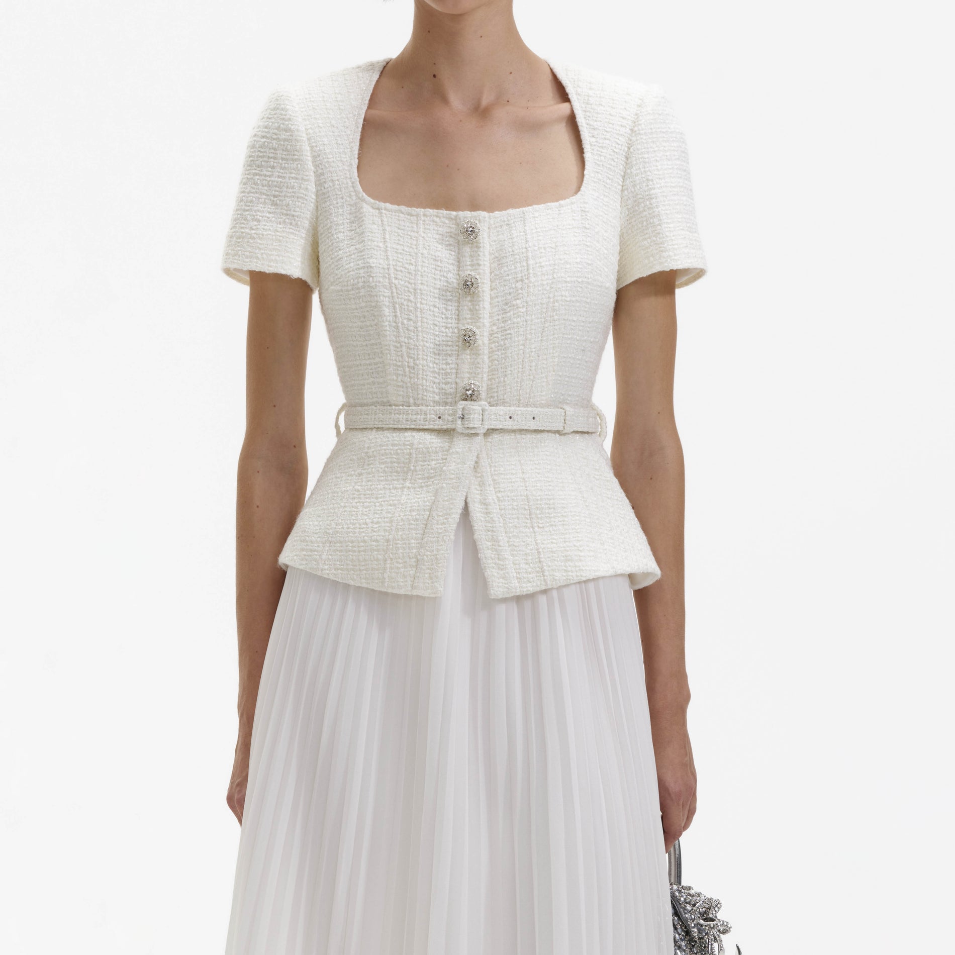 A close up of a woman wearing the Cream Boucle Chiffon Midi Dress