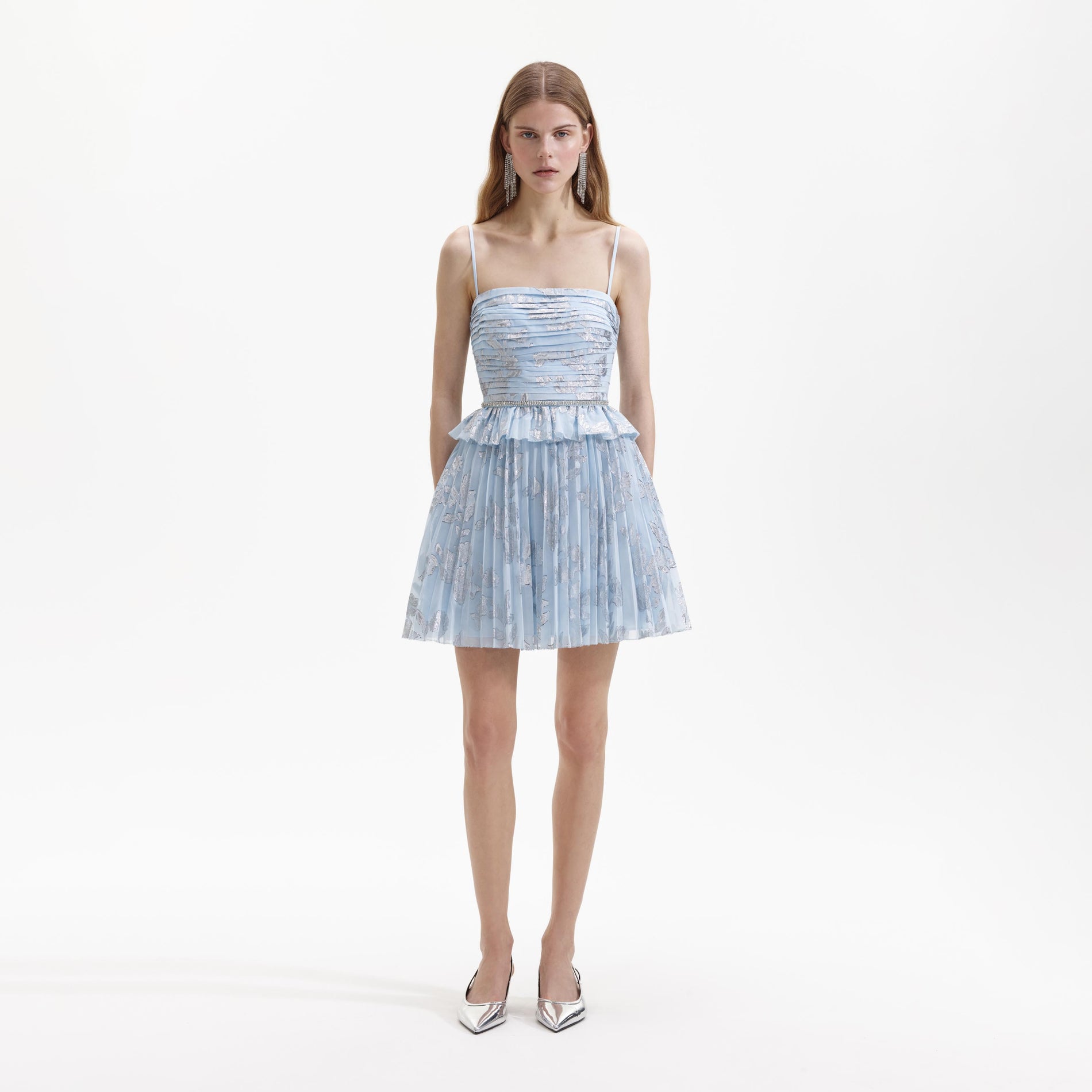 Front view of a woman wearing the Blue Metallic Floral Mini Dress