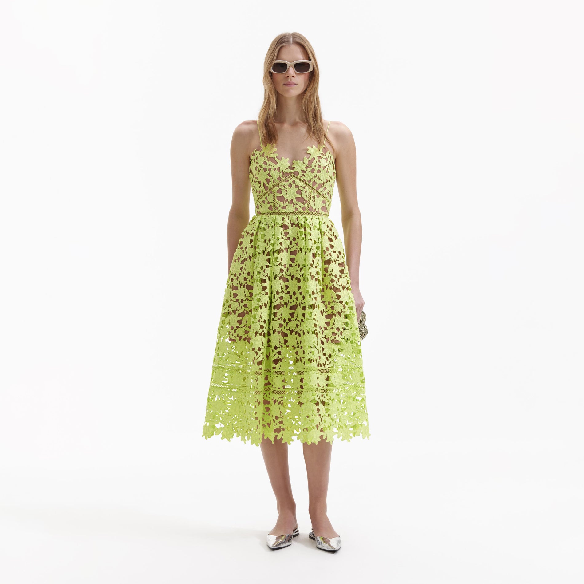 Front view of a woman wearing the Lime Azaelea Lace Midi Dress