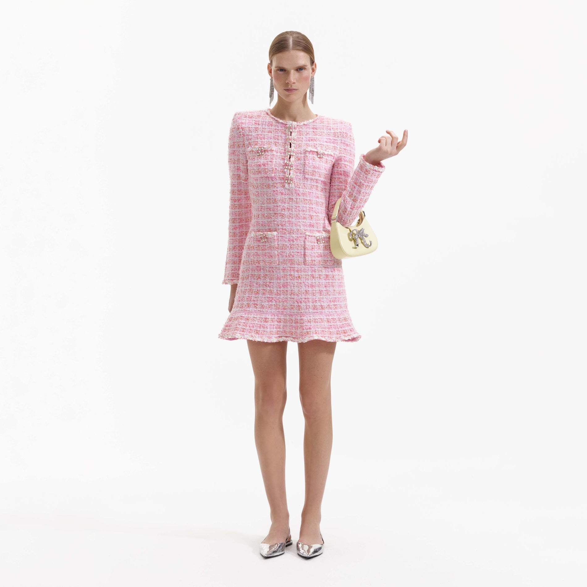 Front view of a woman wearing the Pink Check Knit Mini Dress