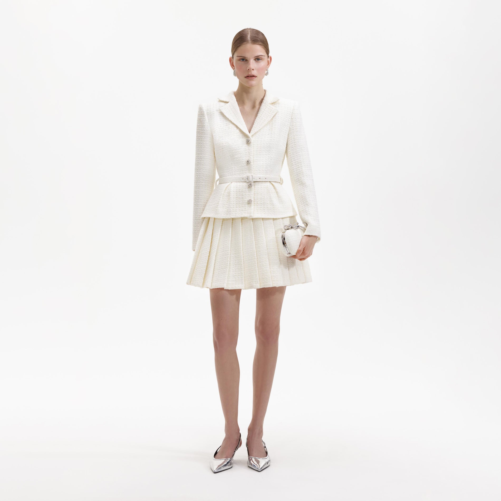 Front view of a woman wearing the Cream Boucle Mini Jacket Dress