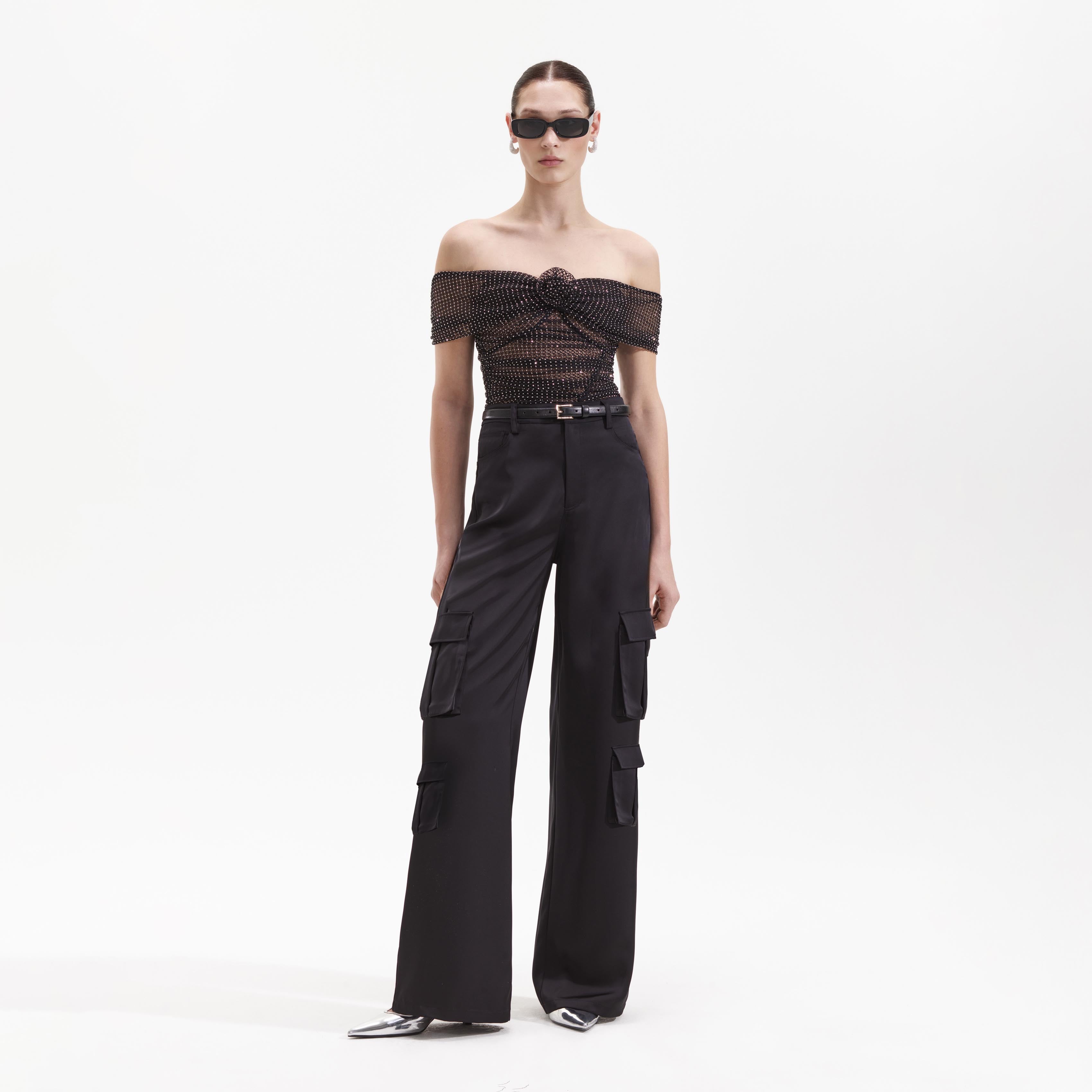 Black Satin Cargo Trouser