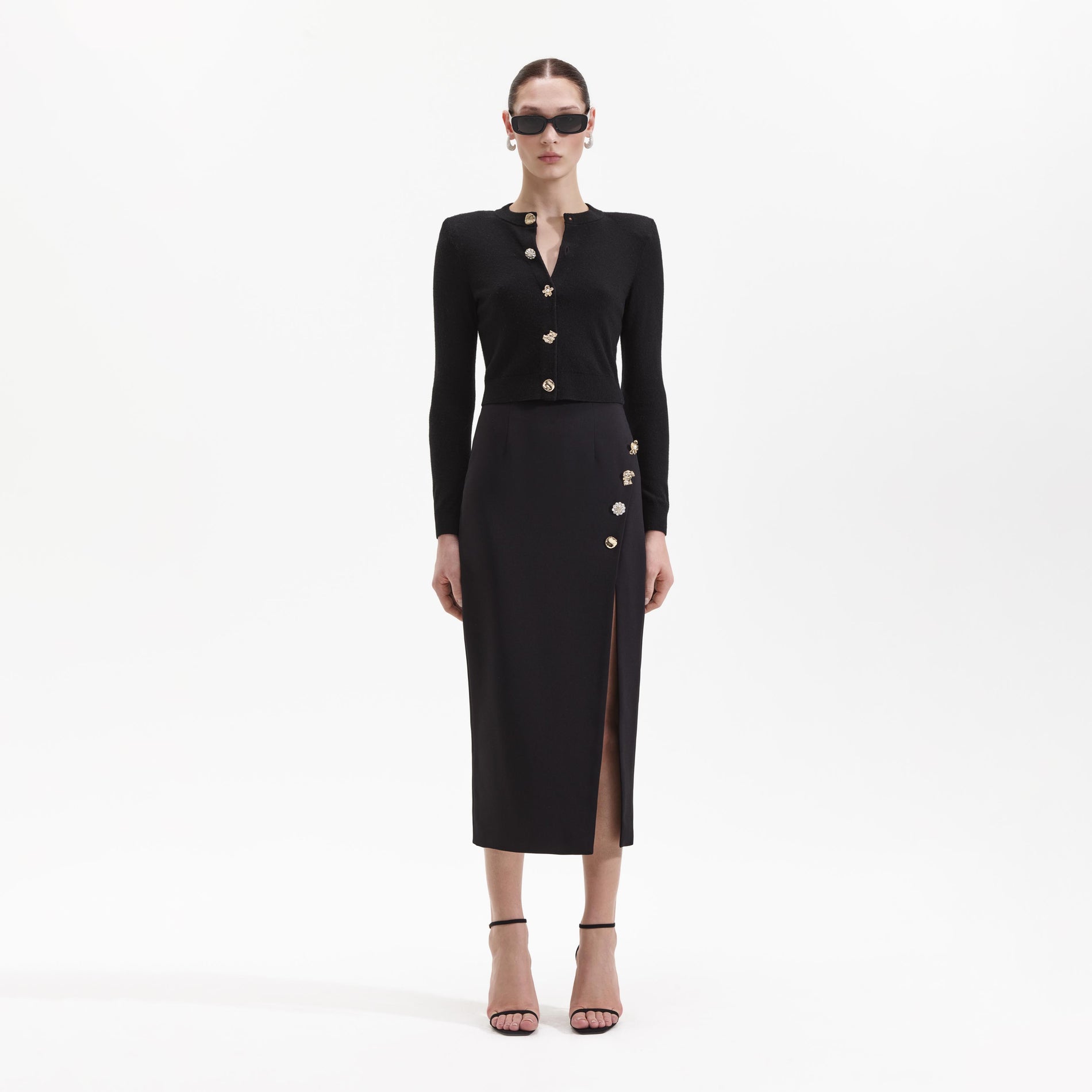 Front view of a woman wearing the Black Cashmere Blend Cardigan