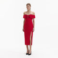 Red Crepe Off Shoulder Bow Midi Dress