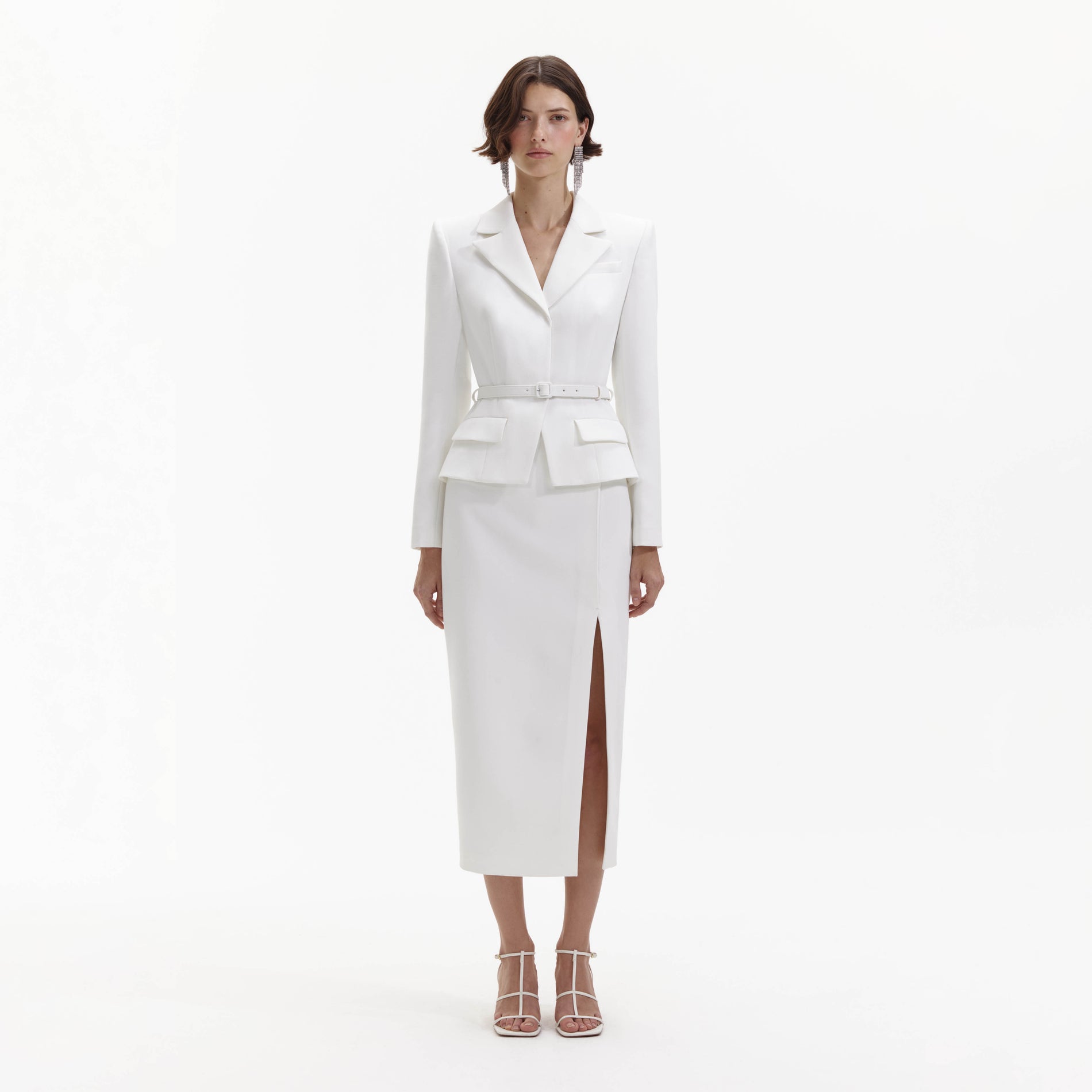 Front view of a woman wearing the White Crepe Tailored Midi Dress