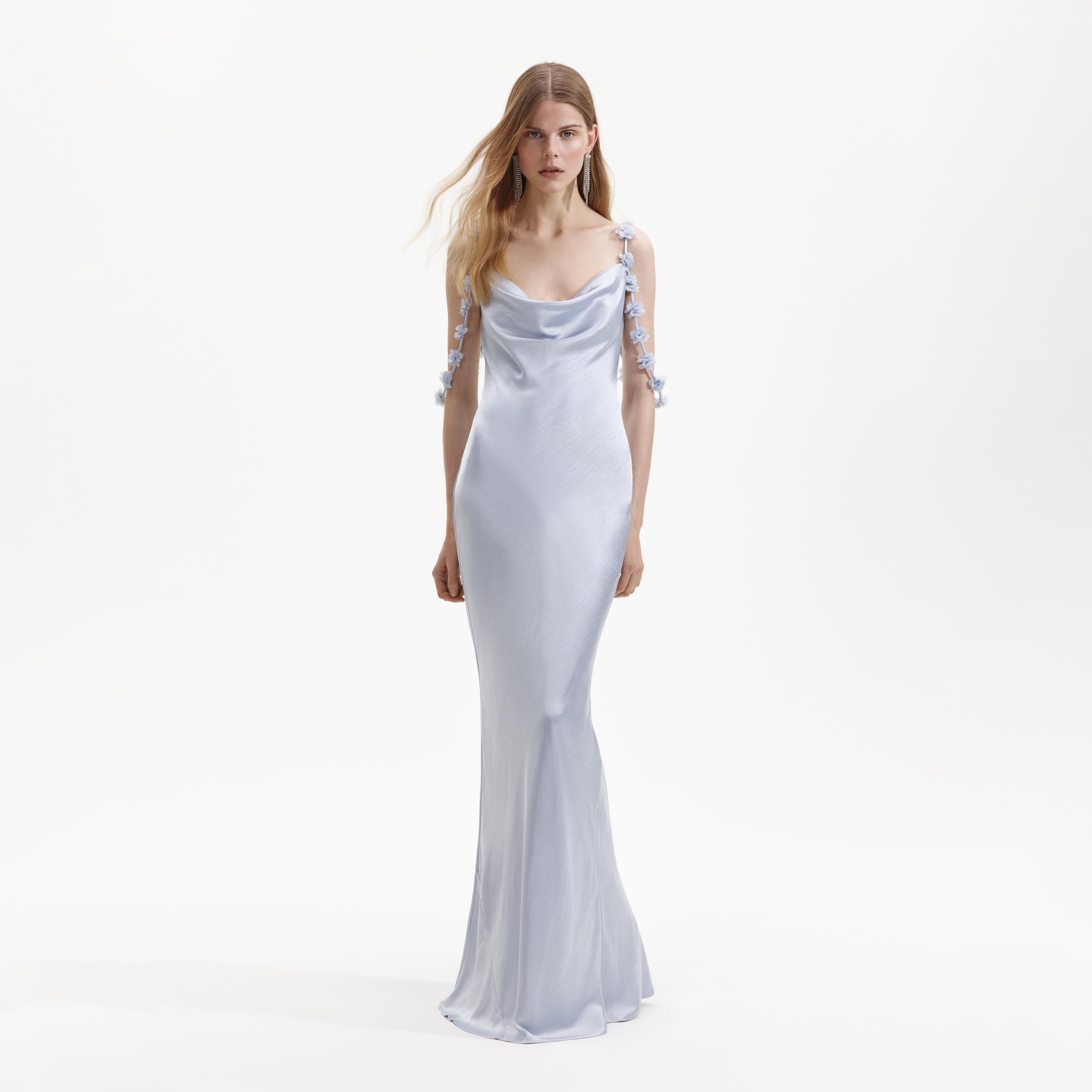 Blue Satin Flower Maxi Dress self-portrait Blue Satin Flower Maxi Dress self-portrait