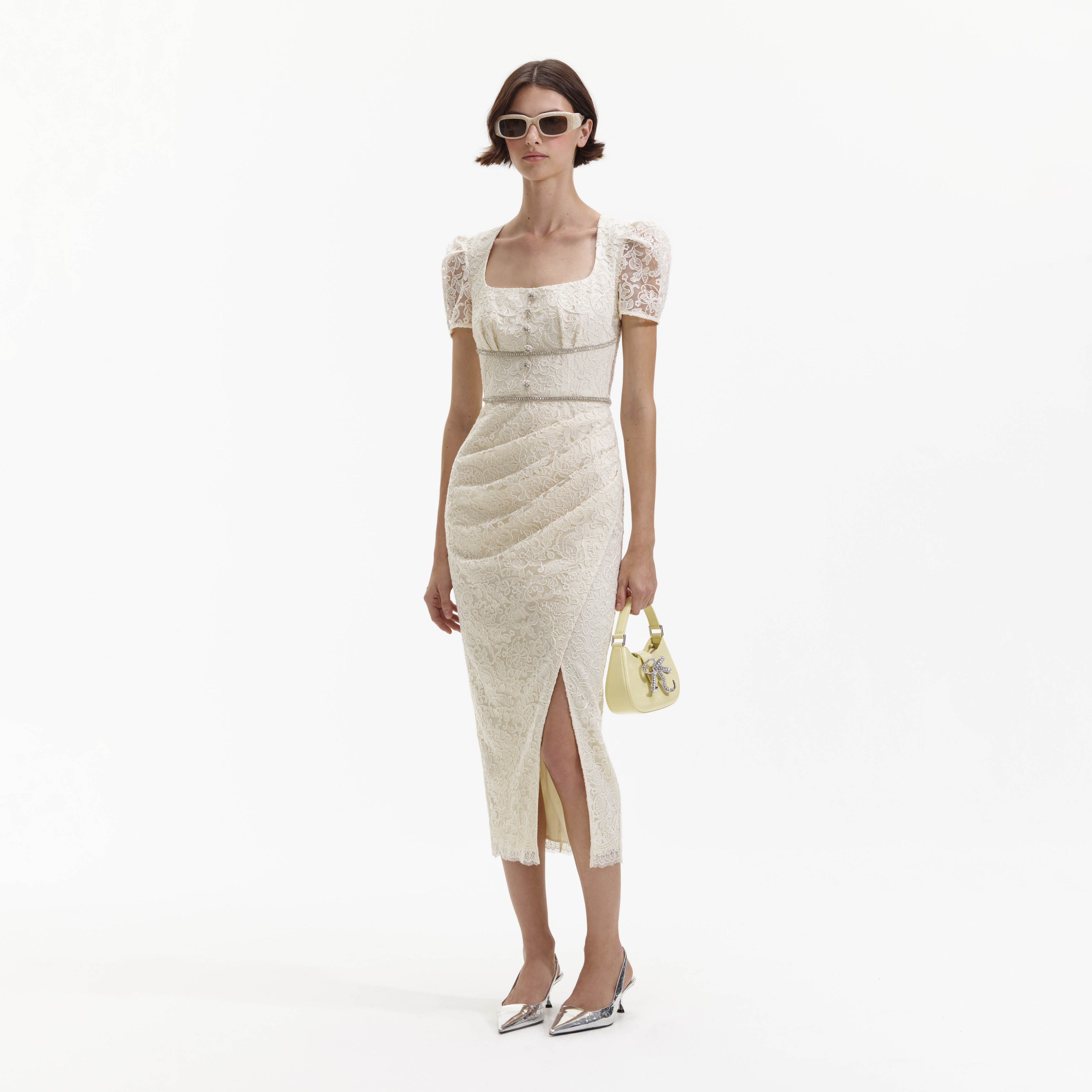 Cream Lace Diamante Midi Dress