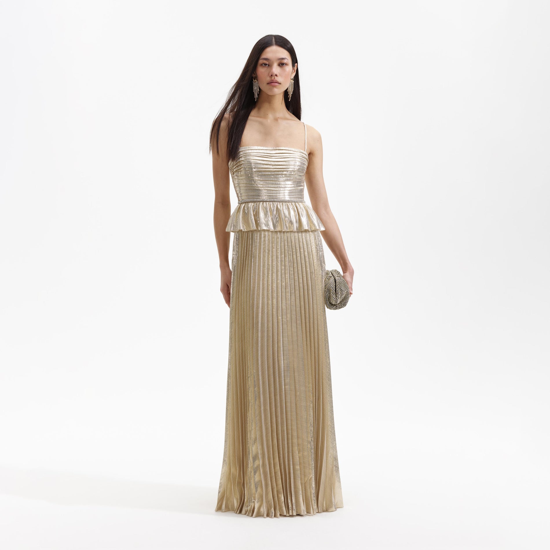Front view of a woman wearing the Gold Metallic Maxi Dress