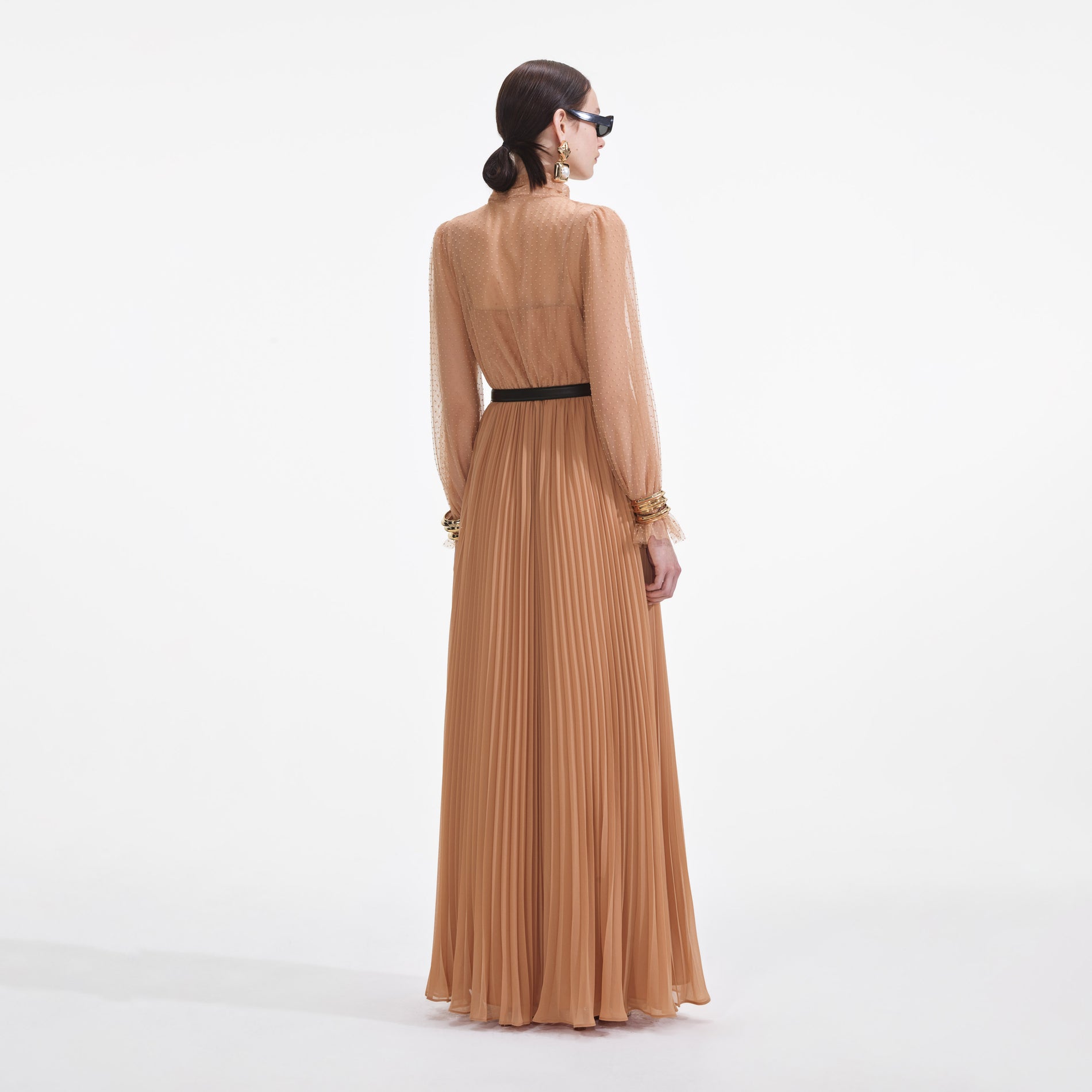 Back view of a woman wearing the Tan Dot Mesh Maxi Dress