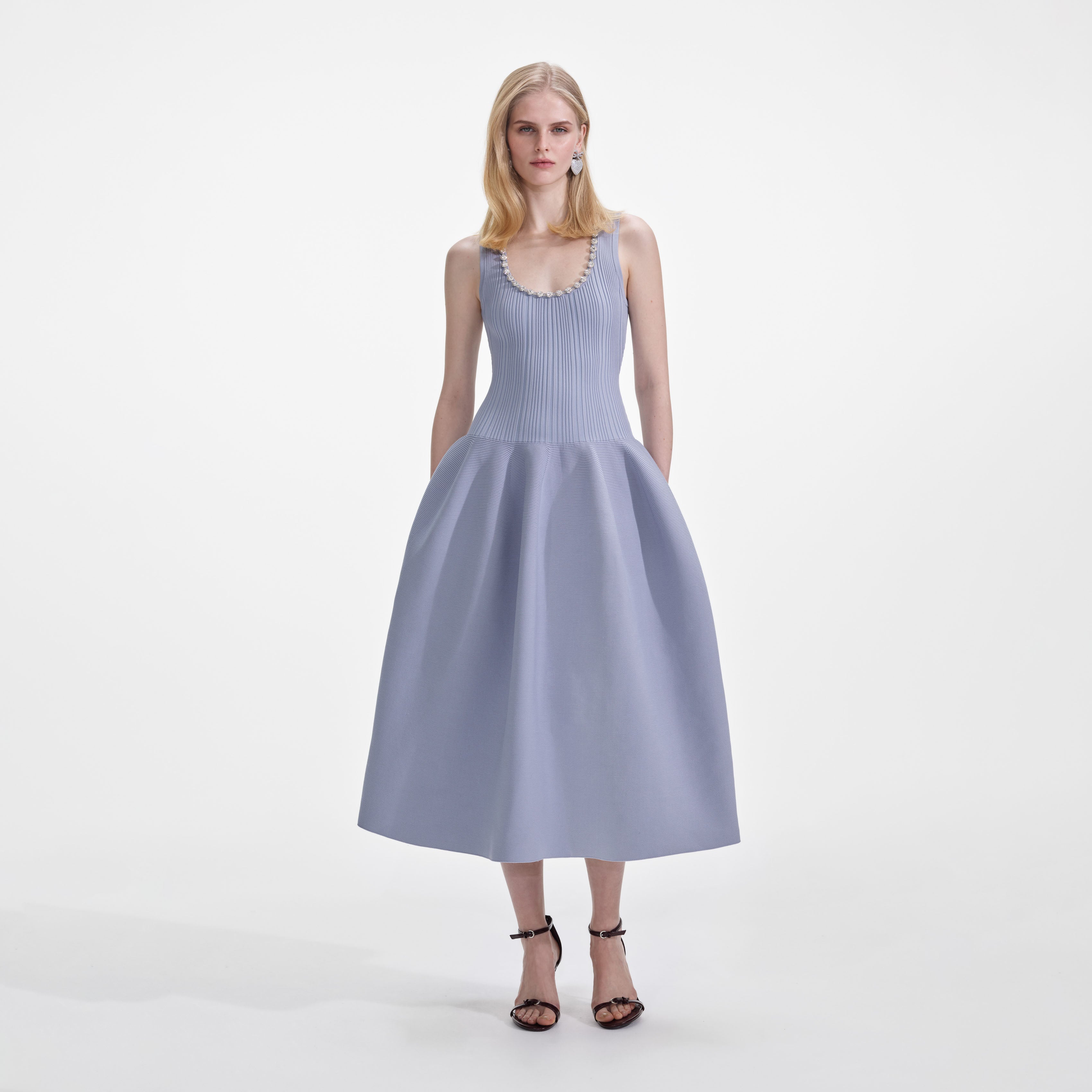 Blue Ribbed Knit Diamante Midi Dress – self-portrait - Main Image