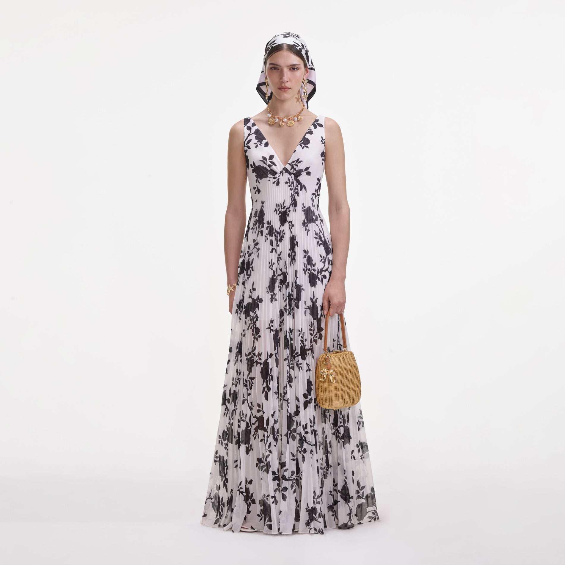 Front view of a woman wearing the Floral Print Chiffon Maxi Dress