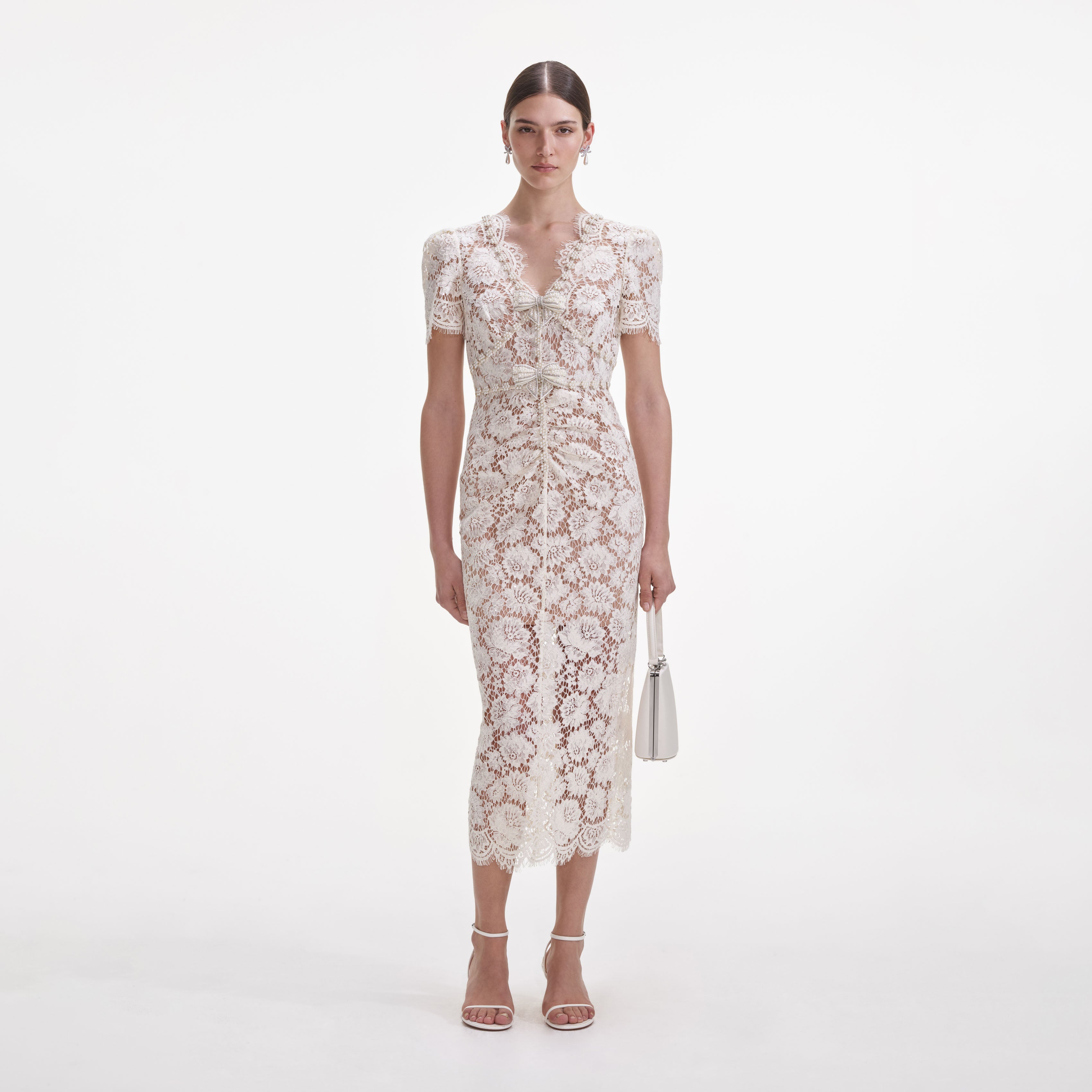 Cream Fine Lace Pearl Midi Dress – self-portrait