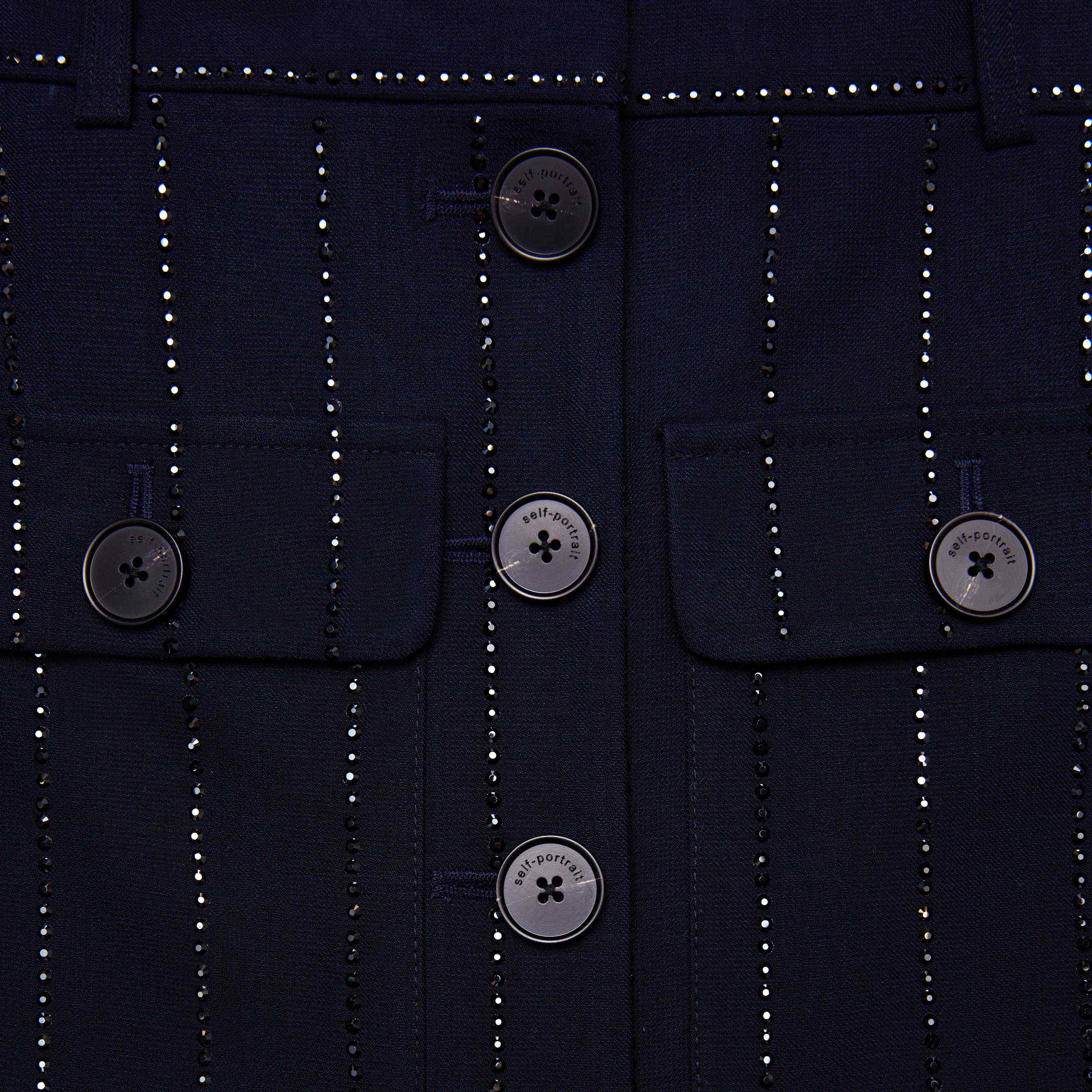 네이비 라인스톤 핀스트라이프 미디 스커트