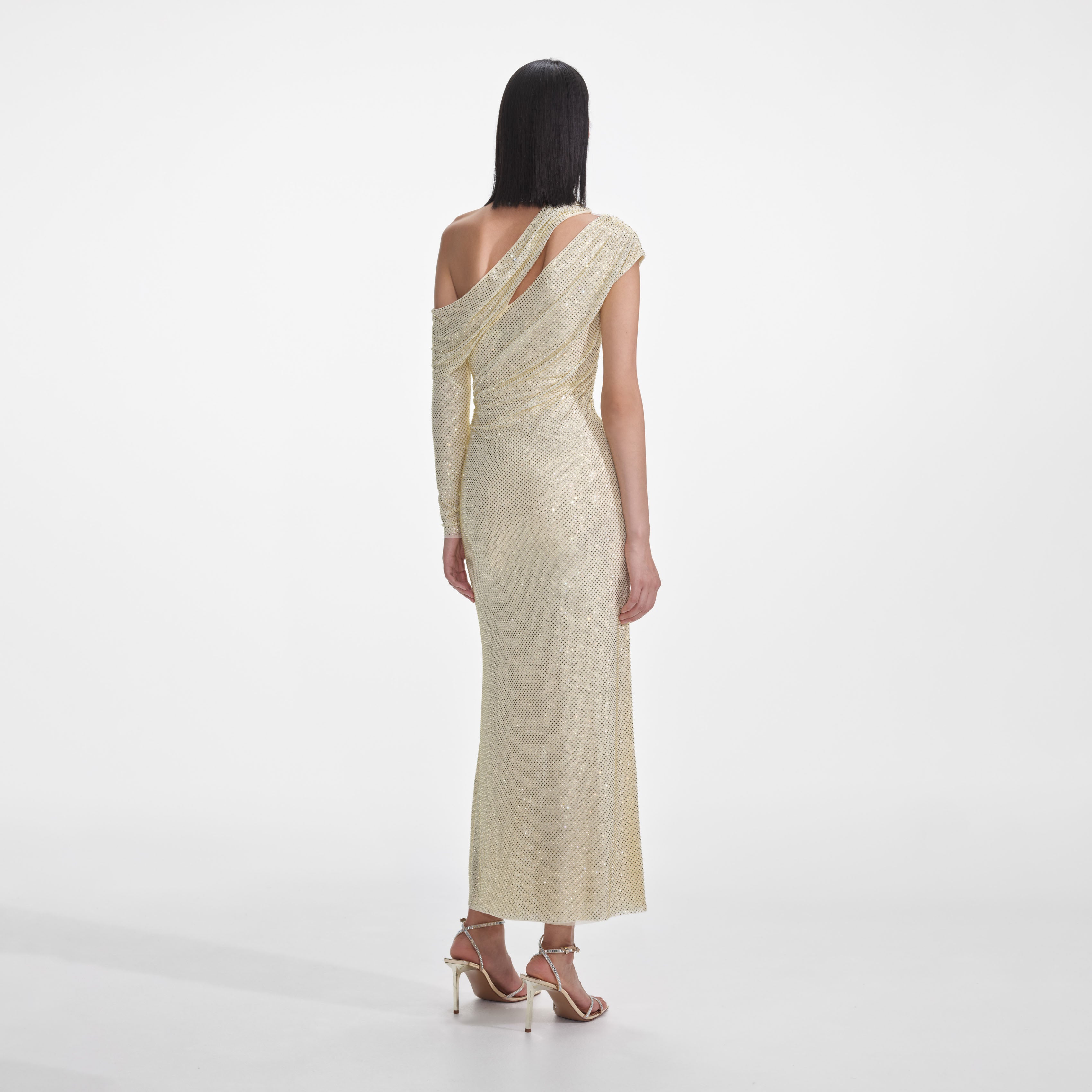 옐로우 라인스톤 개더드 미디 드레스