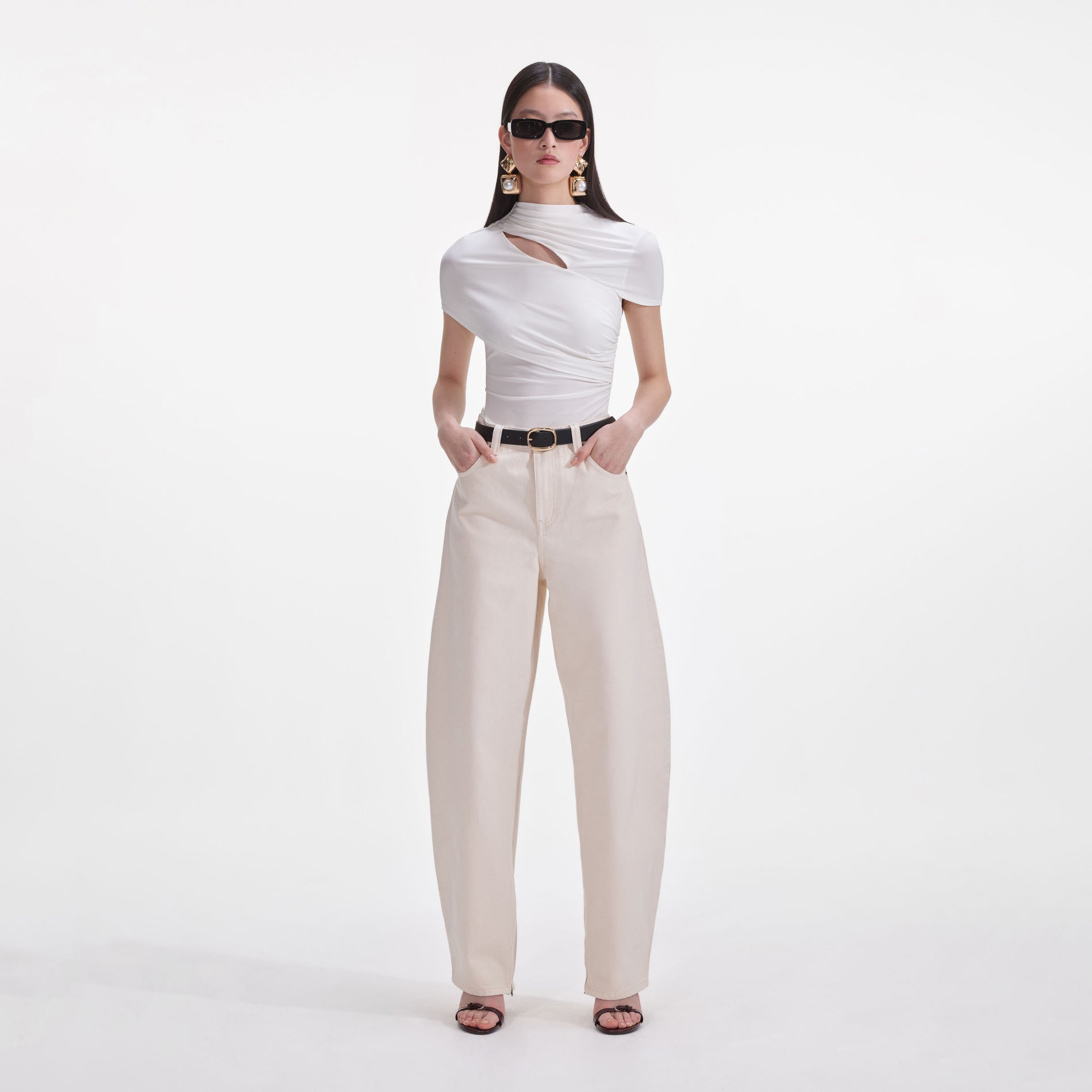 Front view of a woman wearing the Cream Jersey Gathered Top