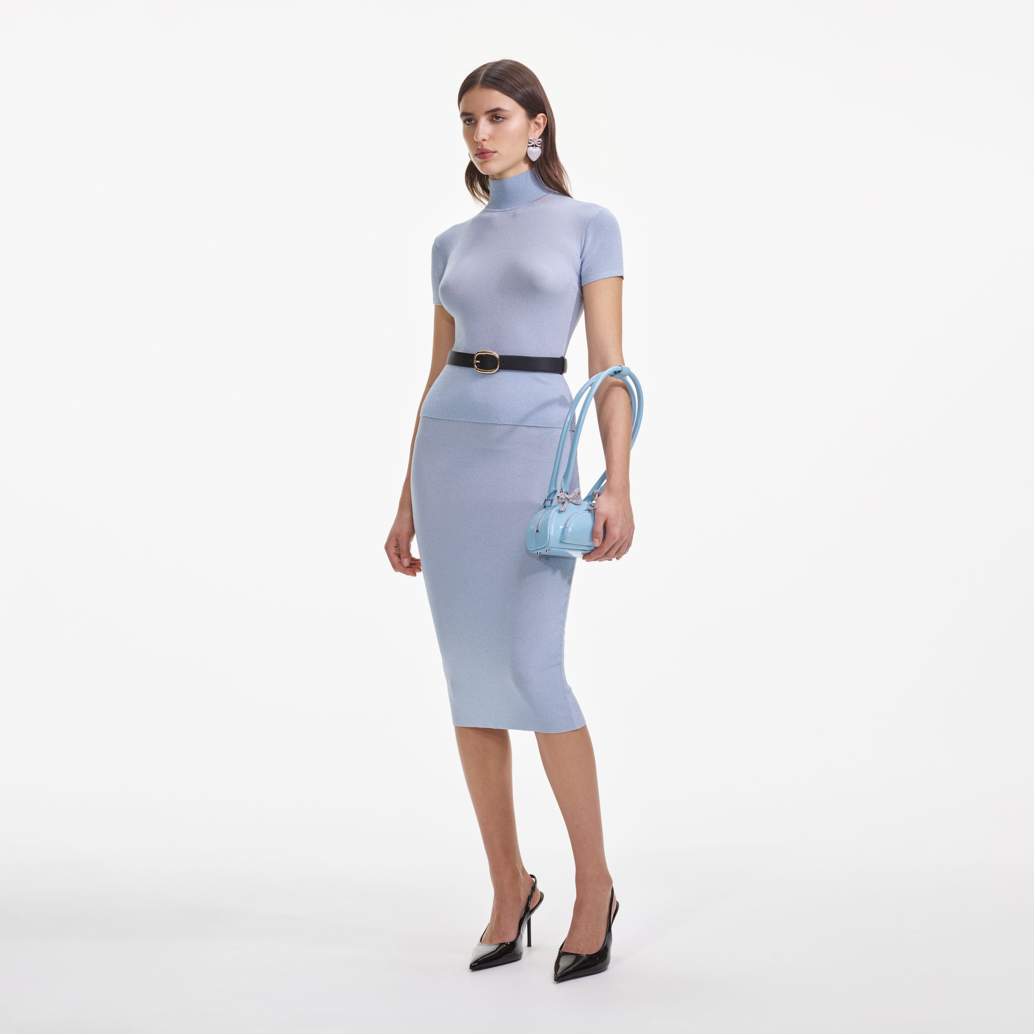 블루 비스코스 니트 미디 스커트