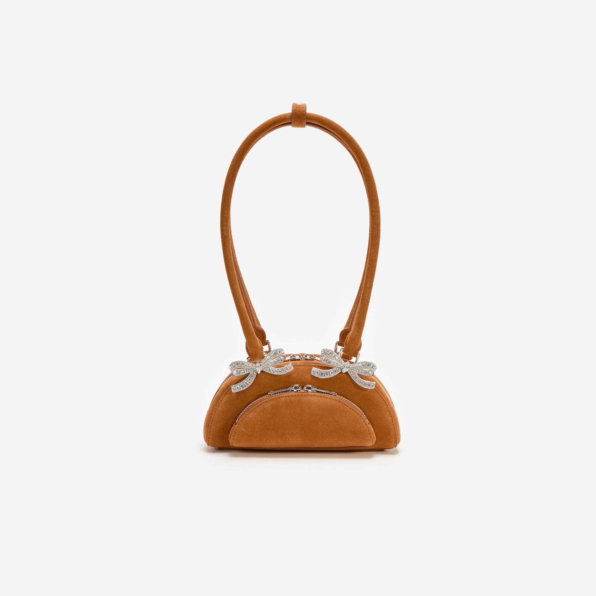 A photo of the Brown Suede Curved Mini Shoulder Bag