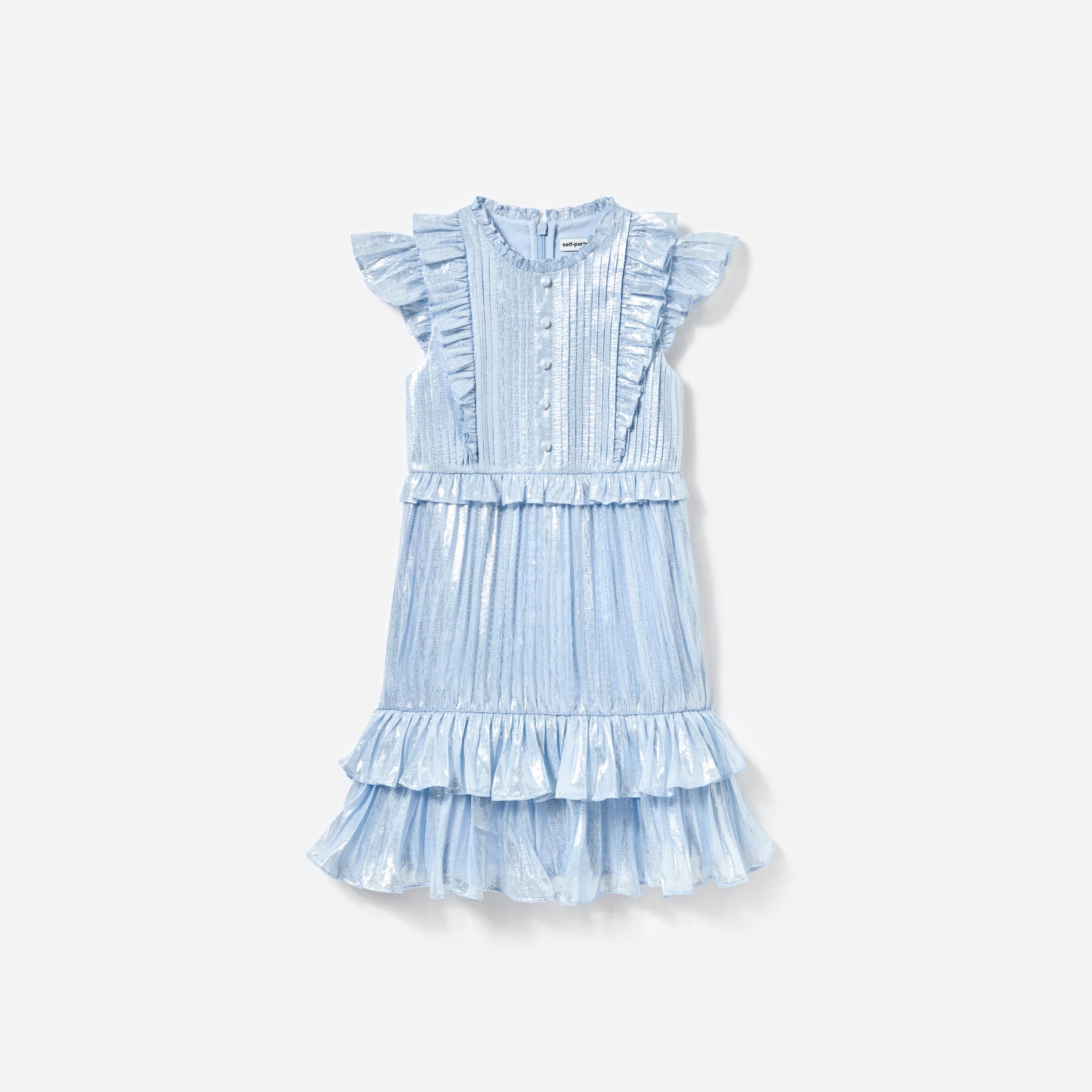 Front view of a woman wearing the Blue Metallic Ruffle Dress