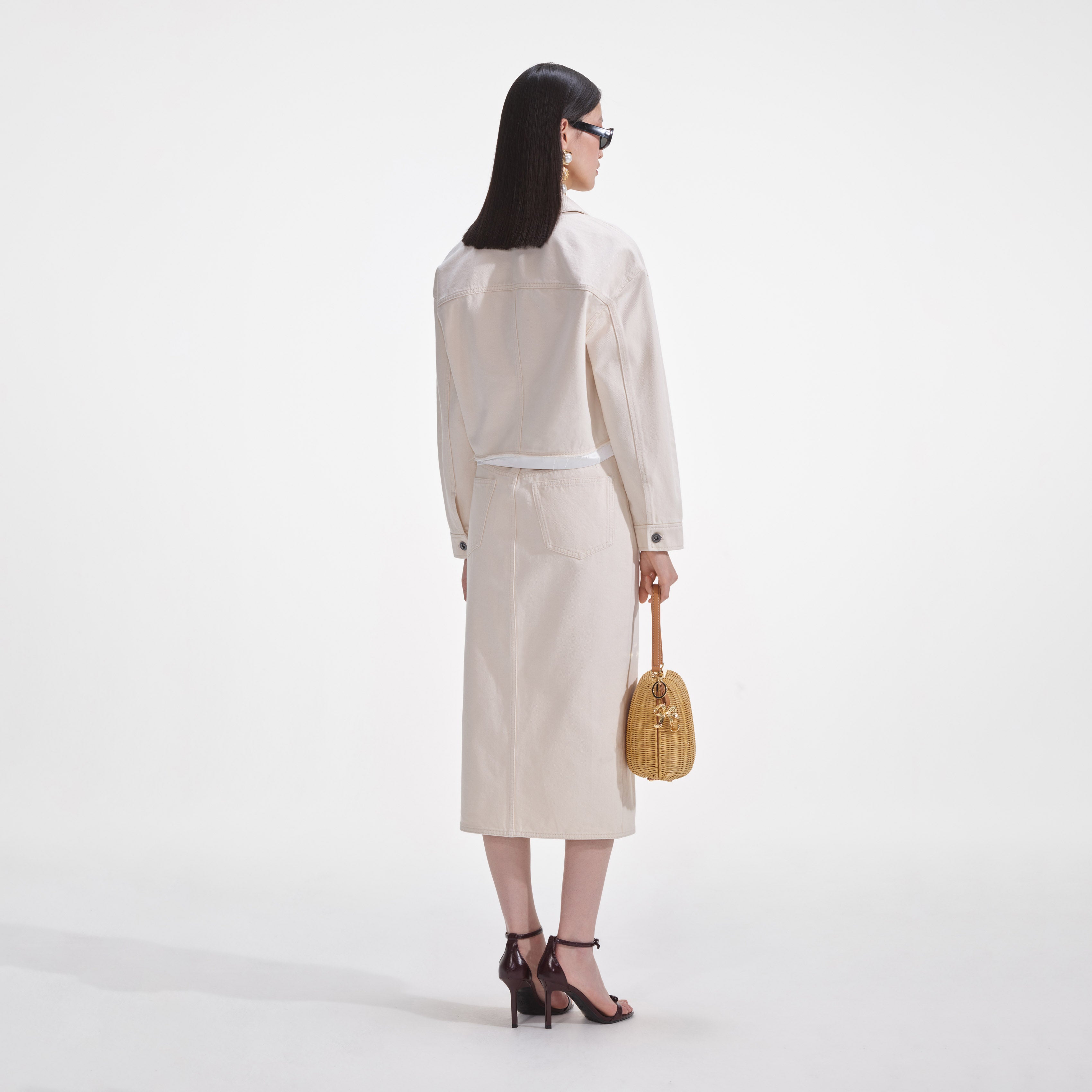 크림 데님 미디 스커트